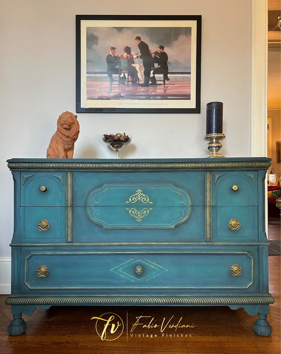 blue green dresser Mid Century Dark Green Dresser With Gold Painted Metal Hardware