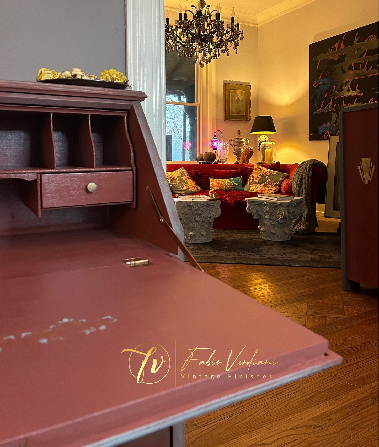 Vintage Art Nouveau-style Secretaire in Red and Copper Blue -Moldings and Stencils