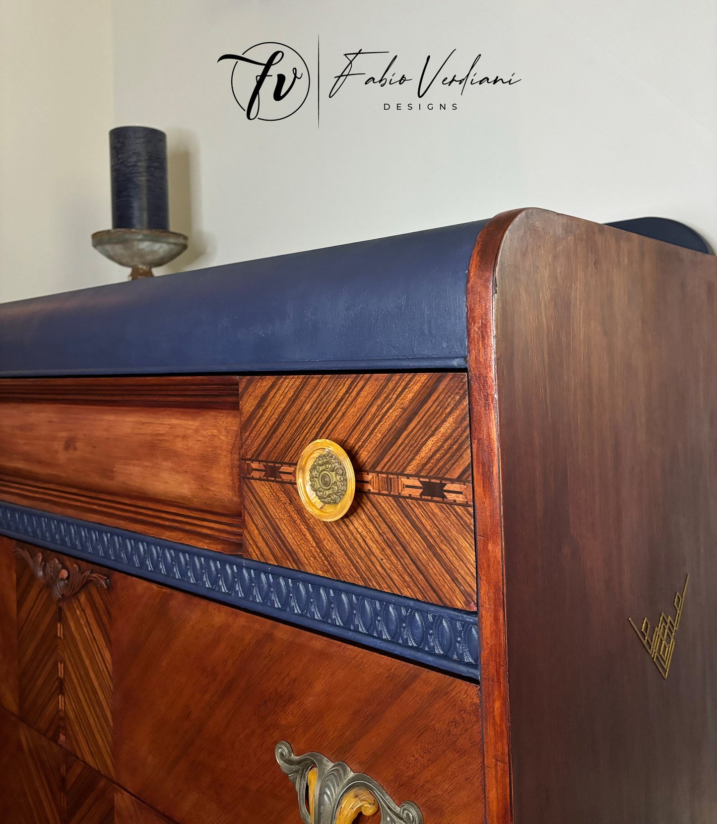 Art deco waterfall dresser - Navy Blue Top and Frame and Cherry Red Veneer drawers and sides