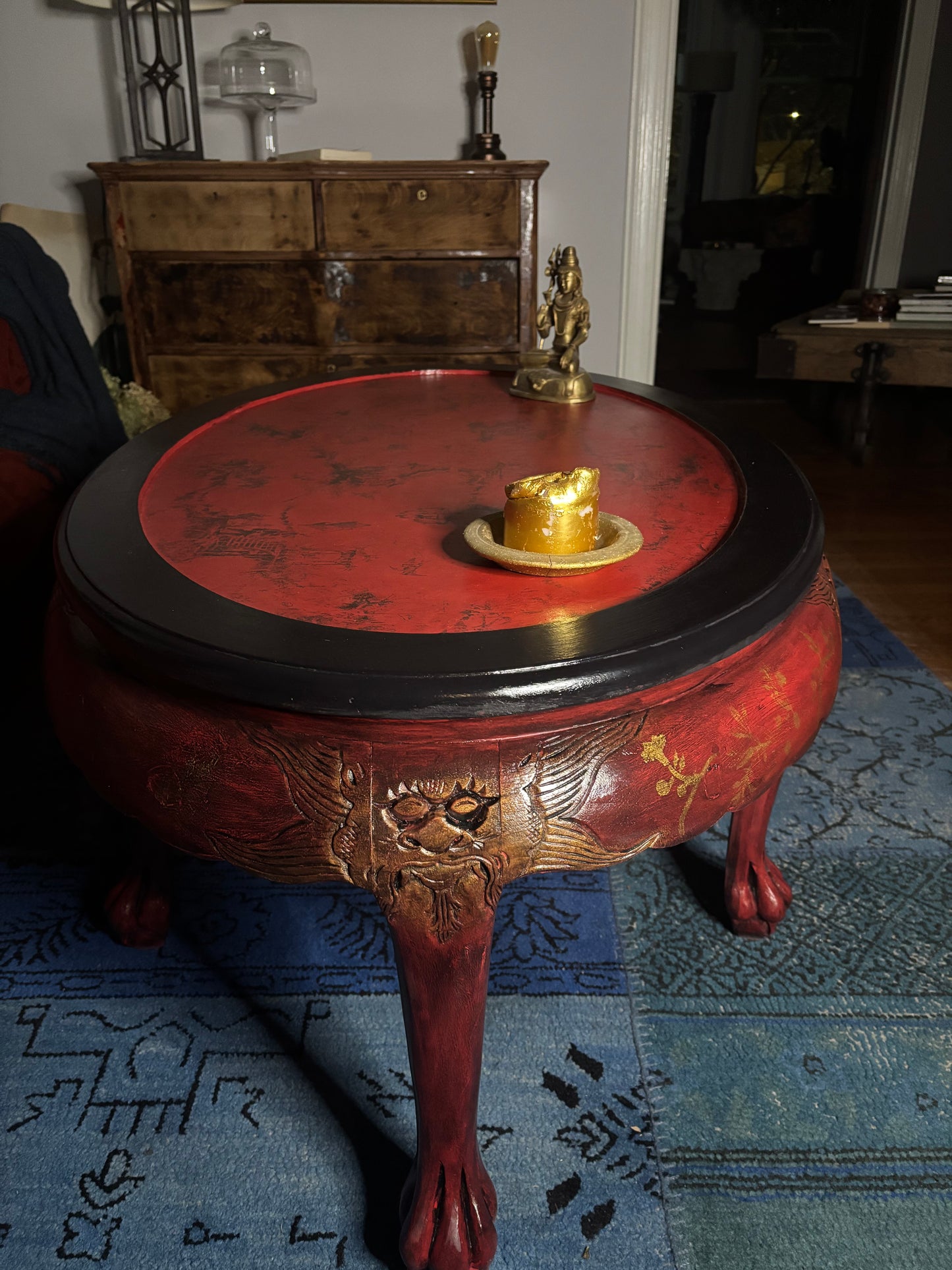 Oval Chinoiserie Style Table, Lacquer Red, Black Glaze and Gold, Silky Top