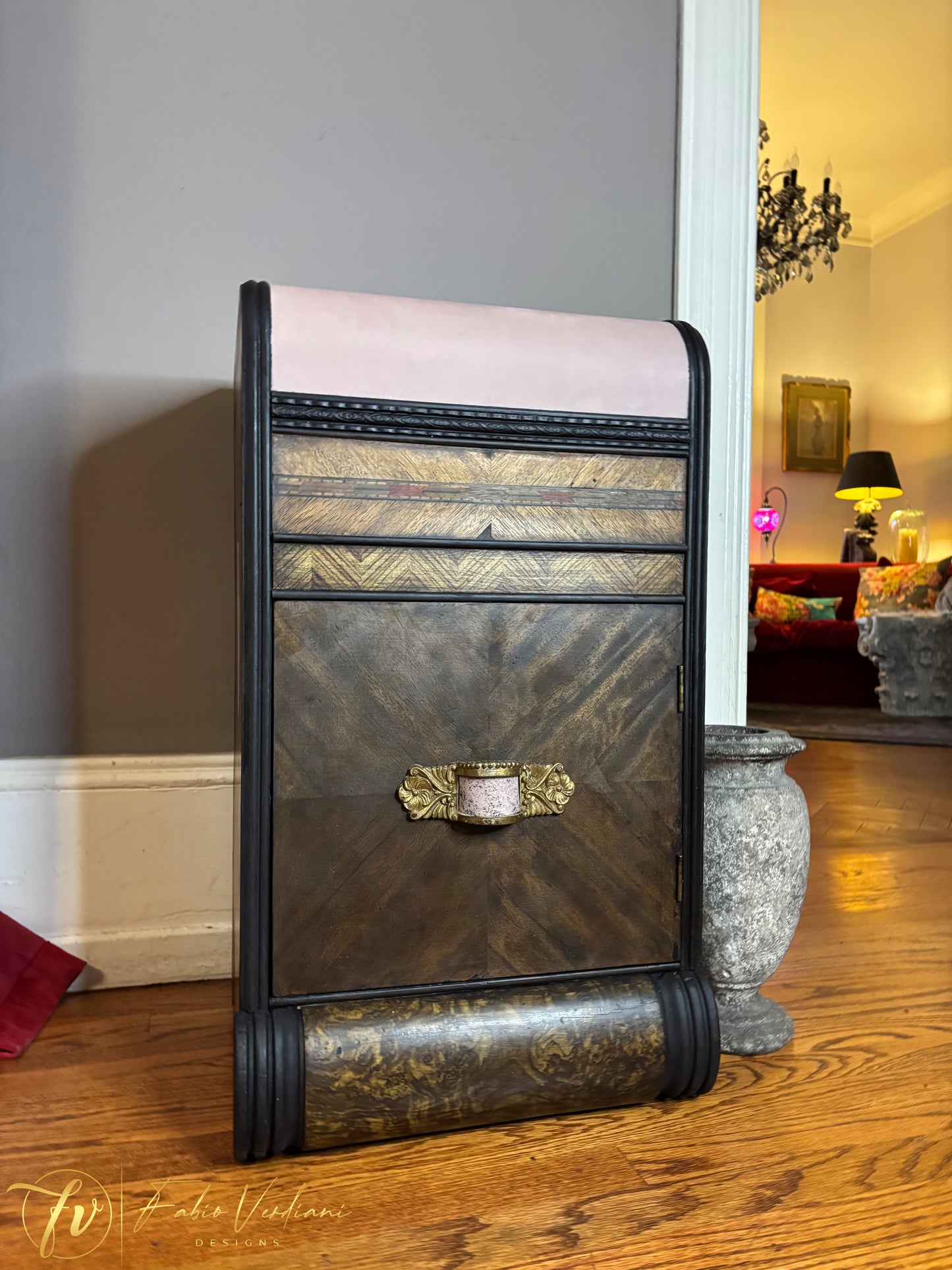 Art Deco Waterfall Nightstand - Pink , Black and Espresso