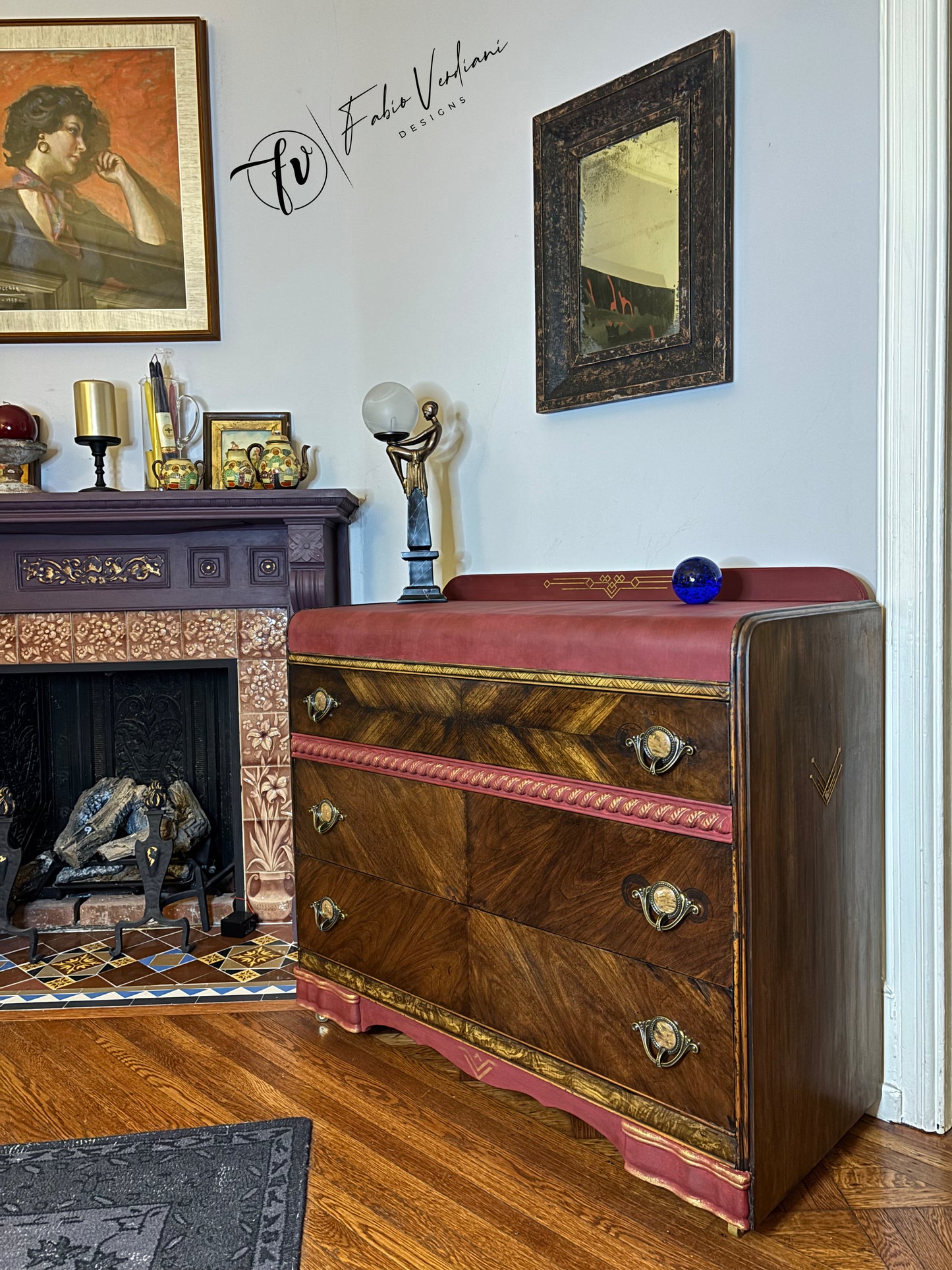 Art deco waterfall dresser - Burgundy top and bottom- Espresso veneer front and frame, gold accents