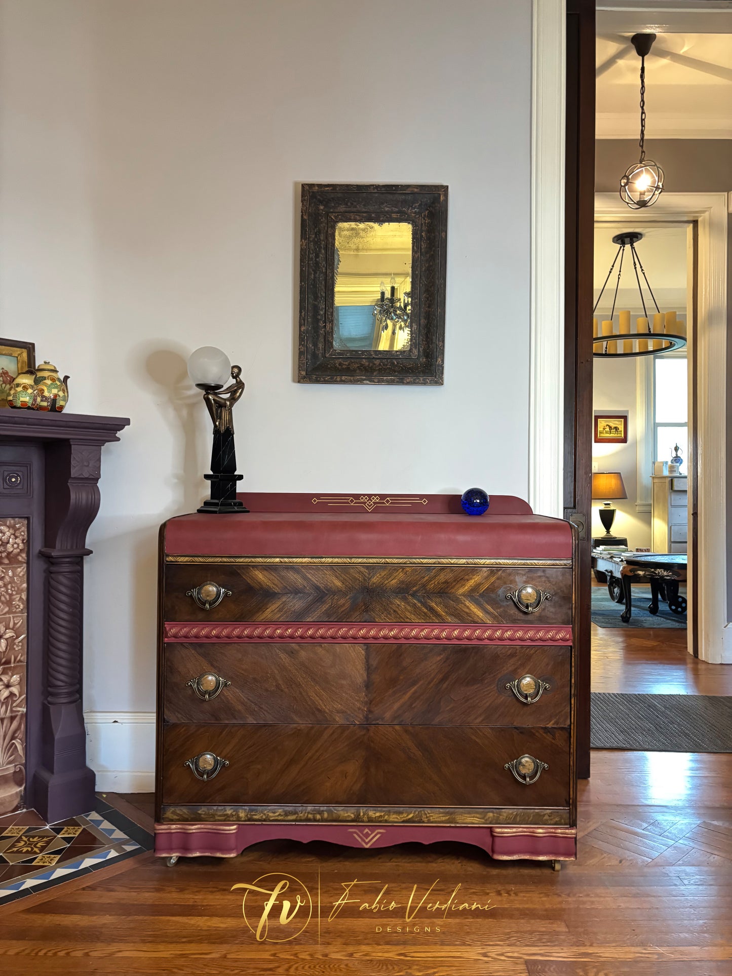 Art deco waterfall dresser - Burgundy top and bottom- Espresso veneer front and frame, gold accents