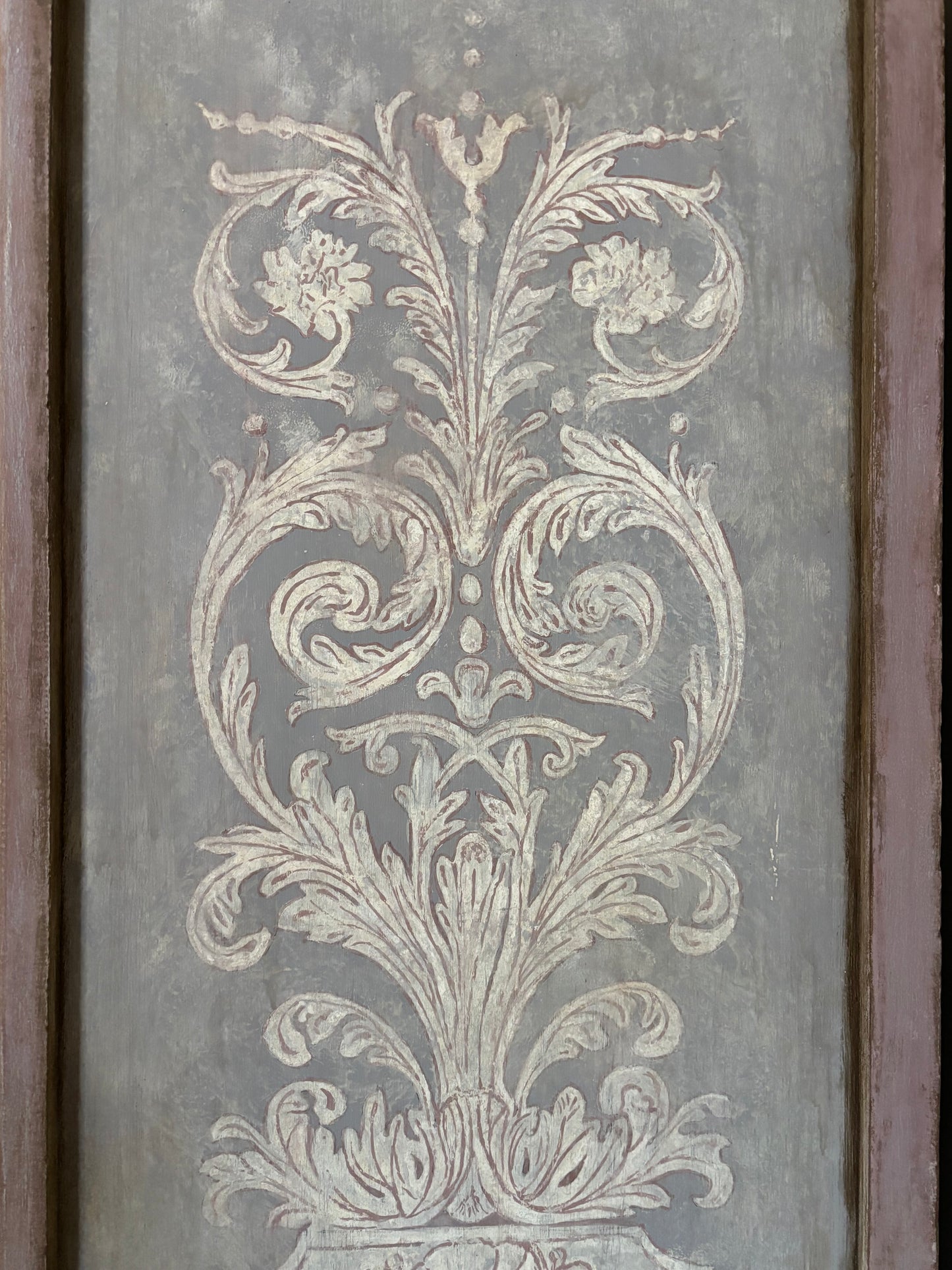 Tall boy,  six drawers, light blue, baroque flourish hand painted. Distressed graphite silky top