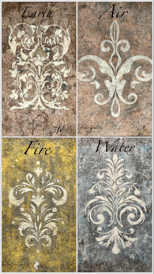 Set of distressed patina hand painted boards (11x14) inspired by The Four Elements - casein on gesso