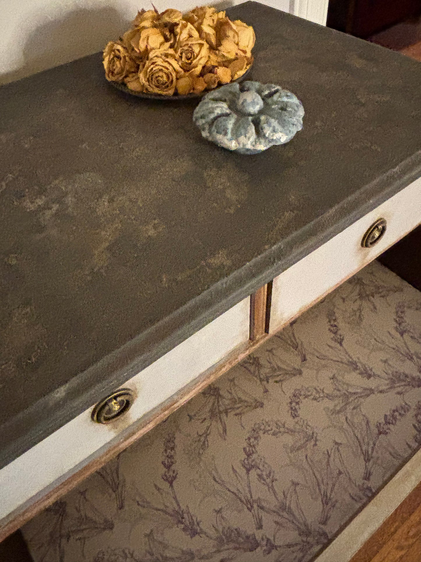 Tall boy,  six drawers, light blue, baroque flourish hand painted. Distressed graphite silky top