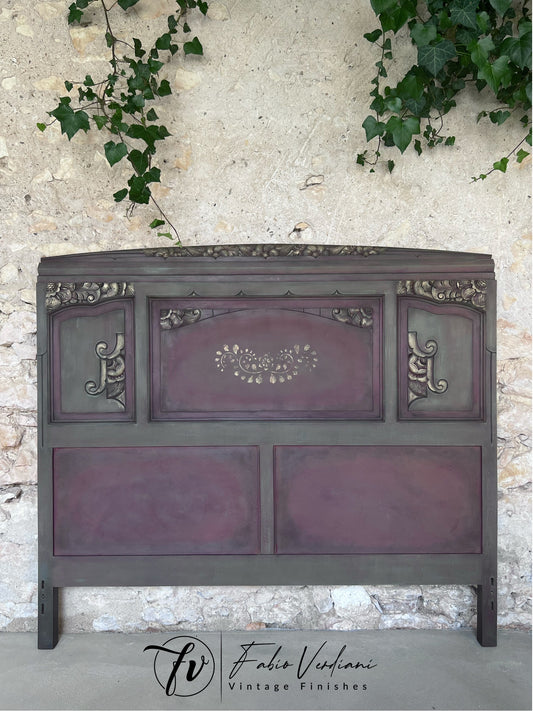 Carved headboard. Annie Sloan Honfleur, low lights  in Burgundy and high lights in Olive. Dark wax for protection and black wax for depth.