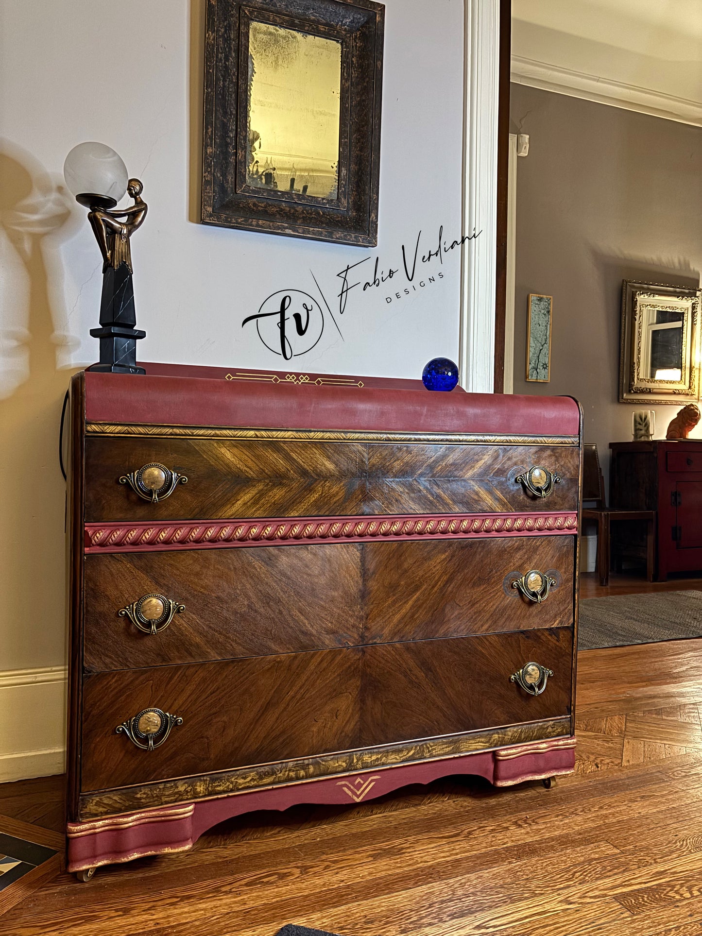Art deco waterfall dresser - Burgundy top and bottom- Espresso veneer front and frame, gold accents