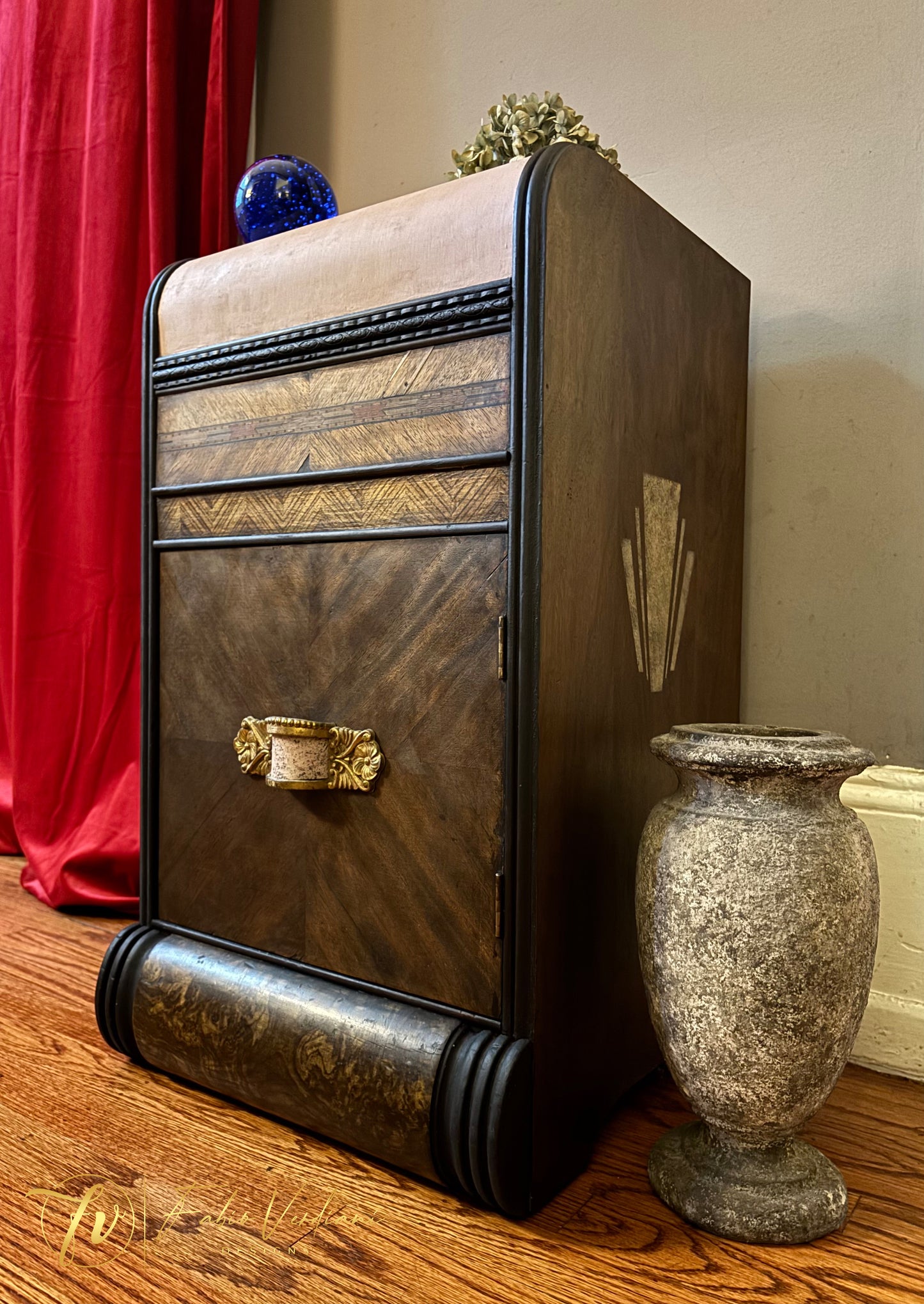 Art Deco Waterfall Nightstand - Pink , Black and Espresso