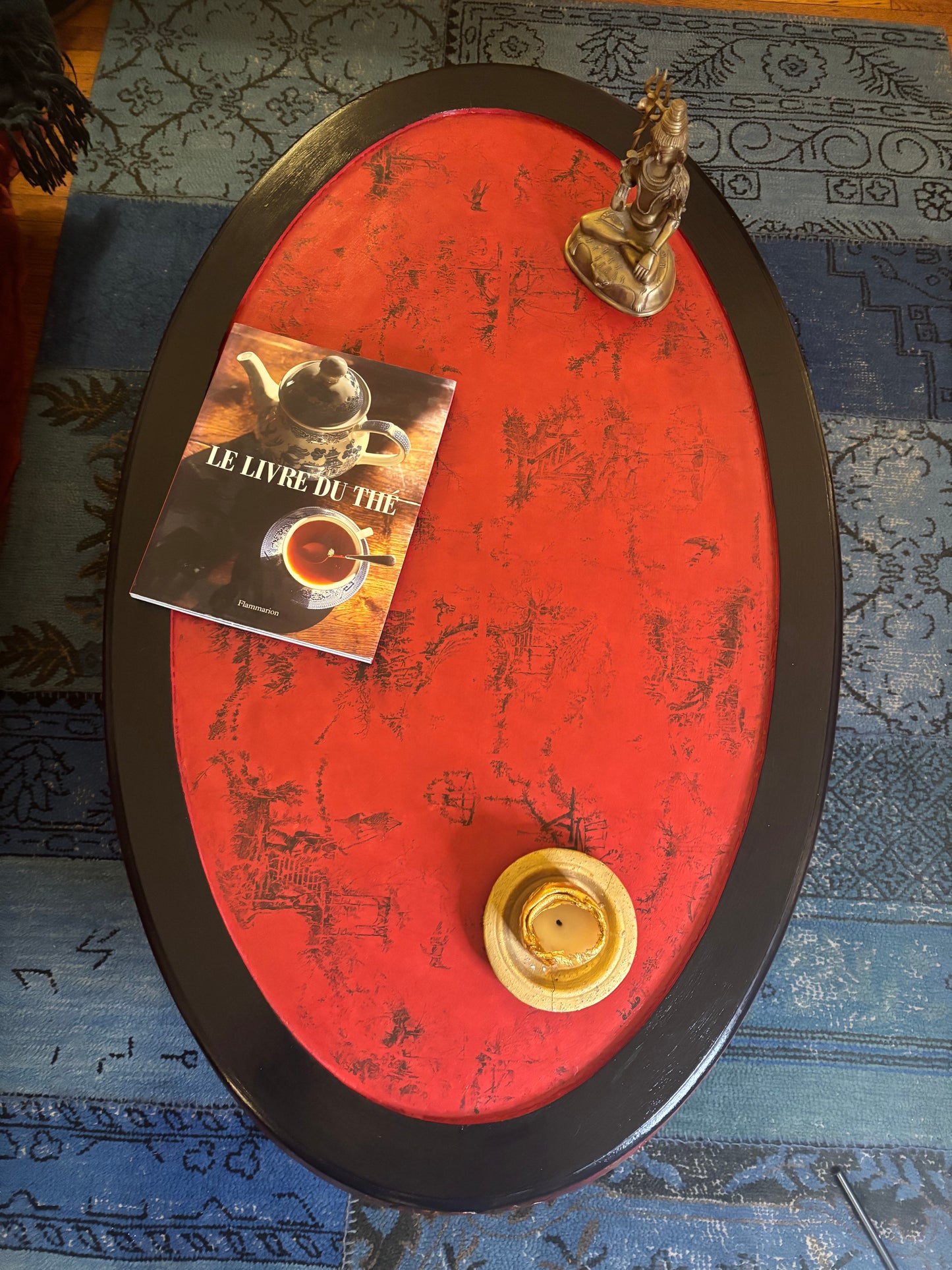 Oval Chinoiserie Style Table, Lacquer Red, Black Glaze and Gold, Silky Top