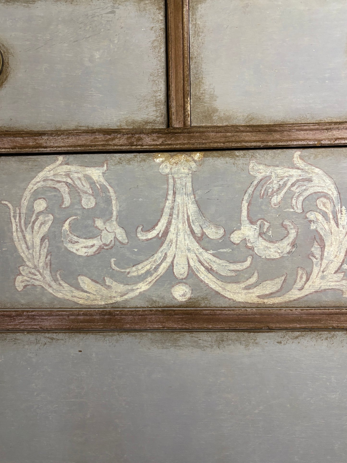 Tall boy,  six drawers, light blue, baroque flourish hand painted. Distressed graphite silky top