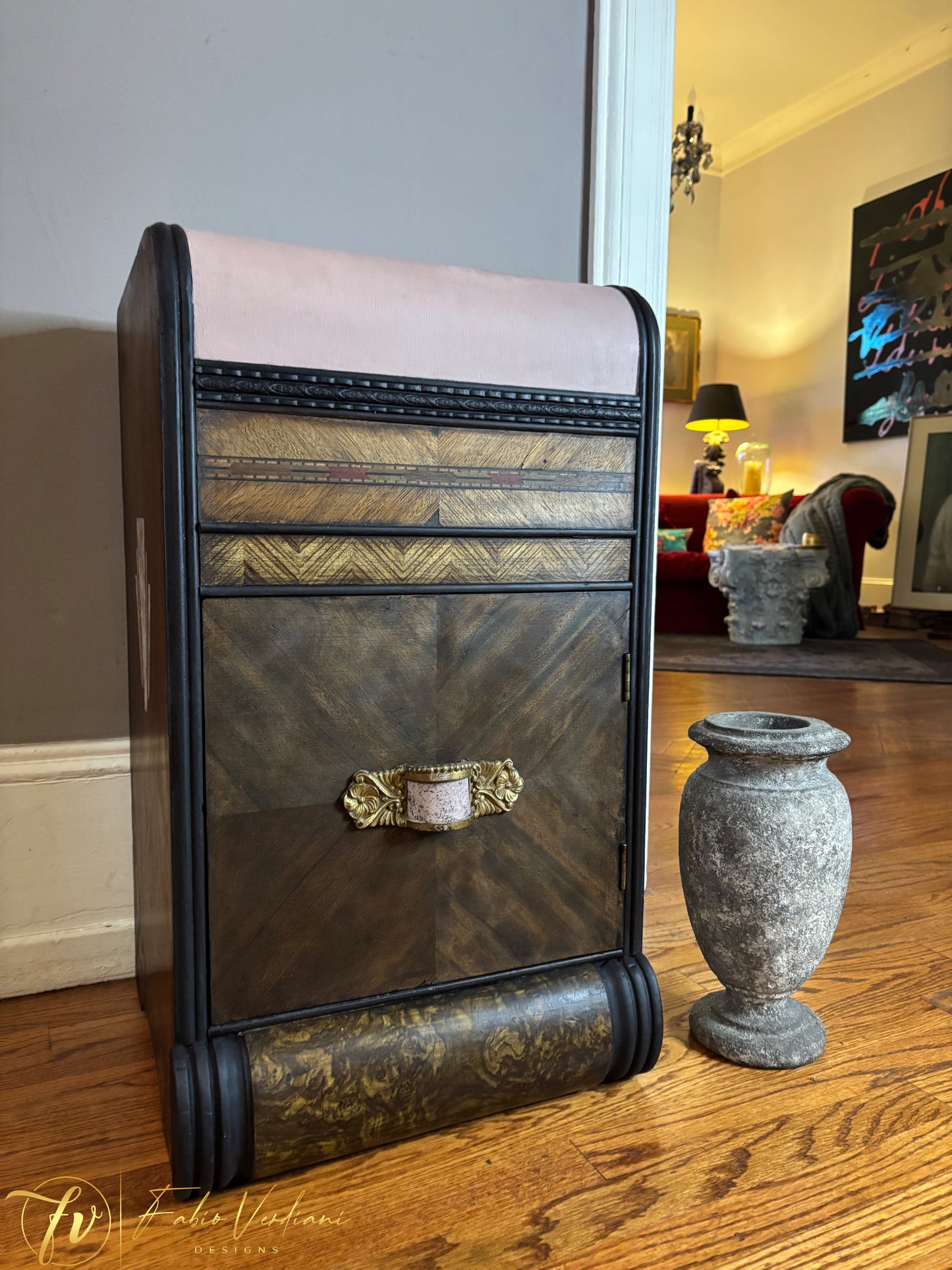 Art Deco Waterfall Nightstand - Pink , Black and Espresso