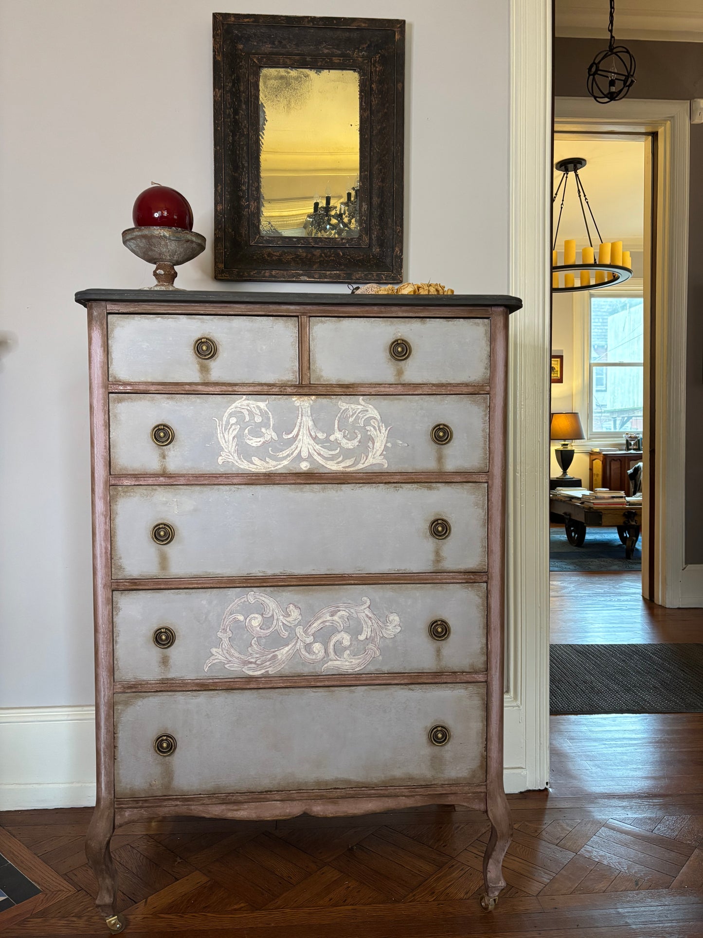 Tall boy,  six drawers, light blue, baroque flourish hand painted. Distressed graphite silky top