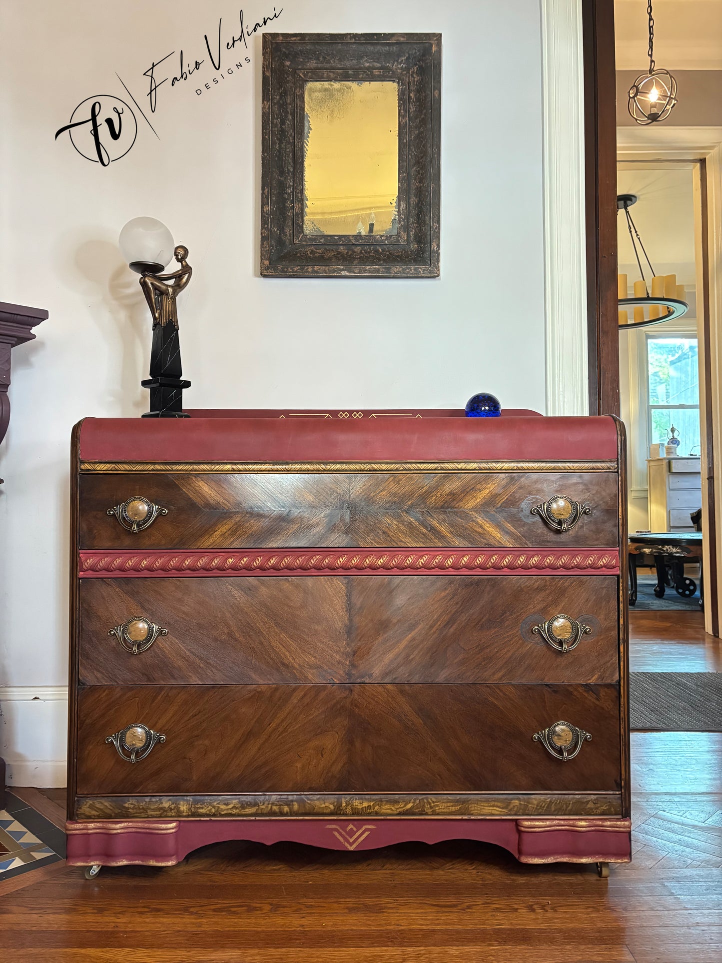 Art deco waterfall dresser - Burgundy top and bottom- Espresso veneer front and frame, gold accents