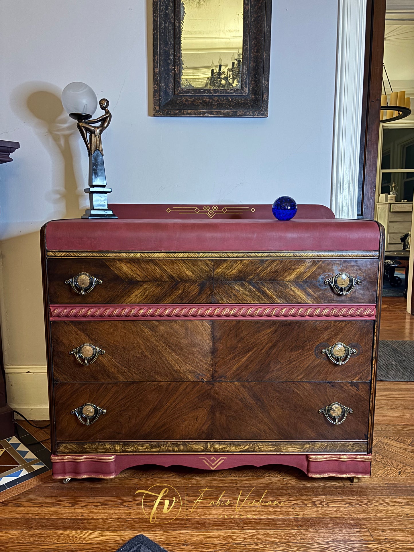 Art deco waterfall dresser - Burgundy top and bottom- Espresso veneer front and frame, gold accents