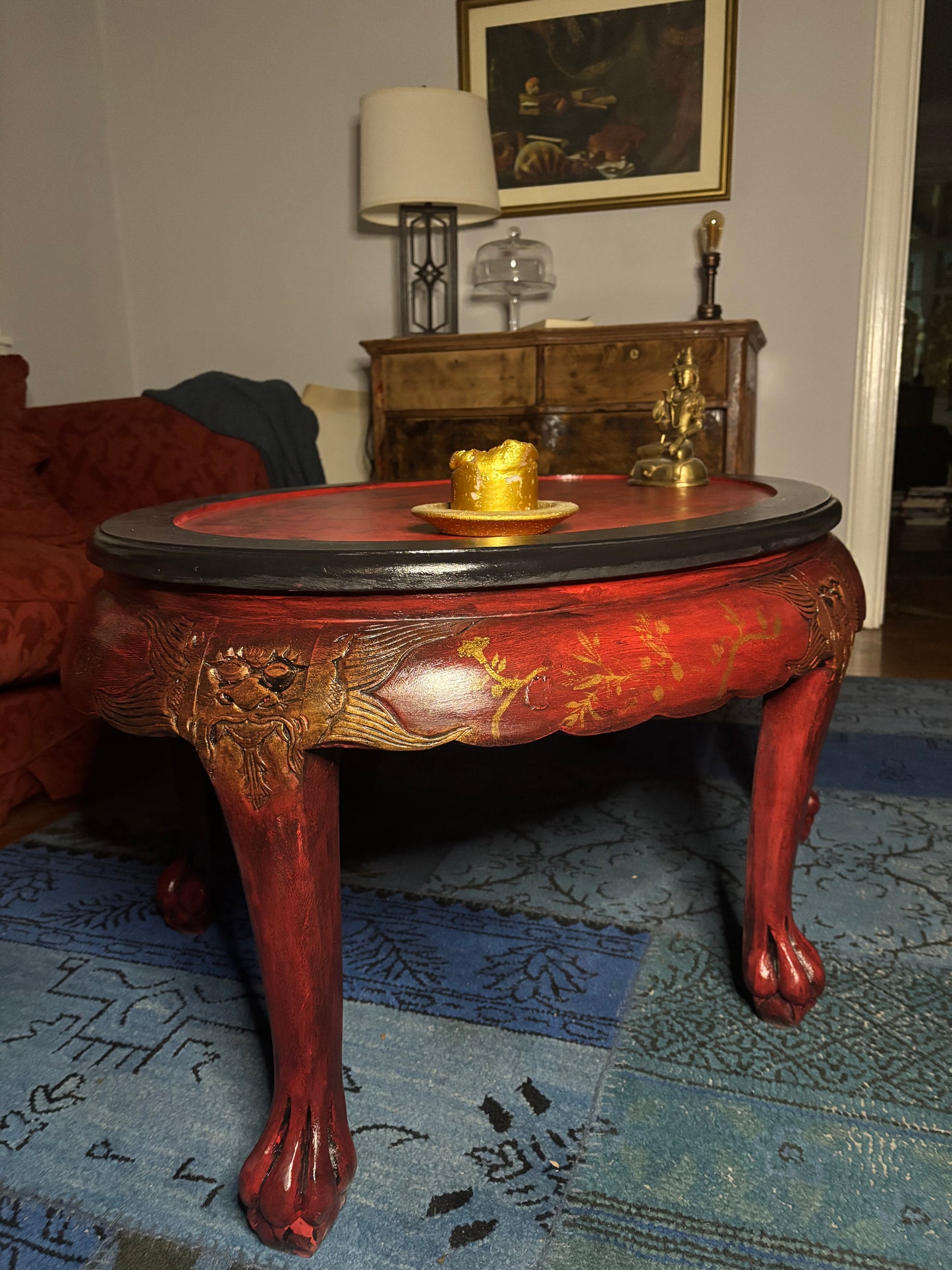 Oval Chinoiserie Style Table, Lacquer Red, Black Glaze and Gold, Silky Top