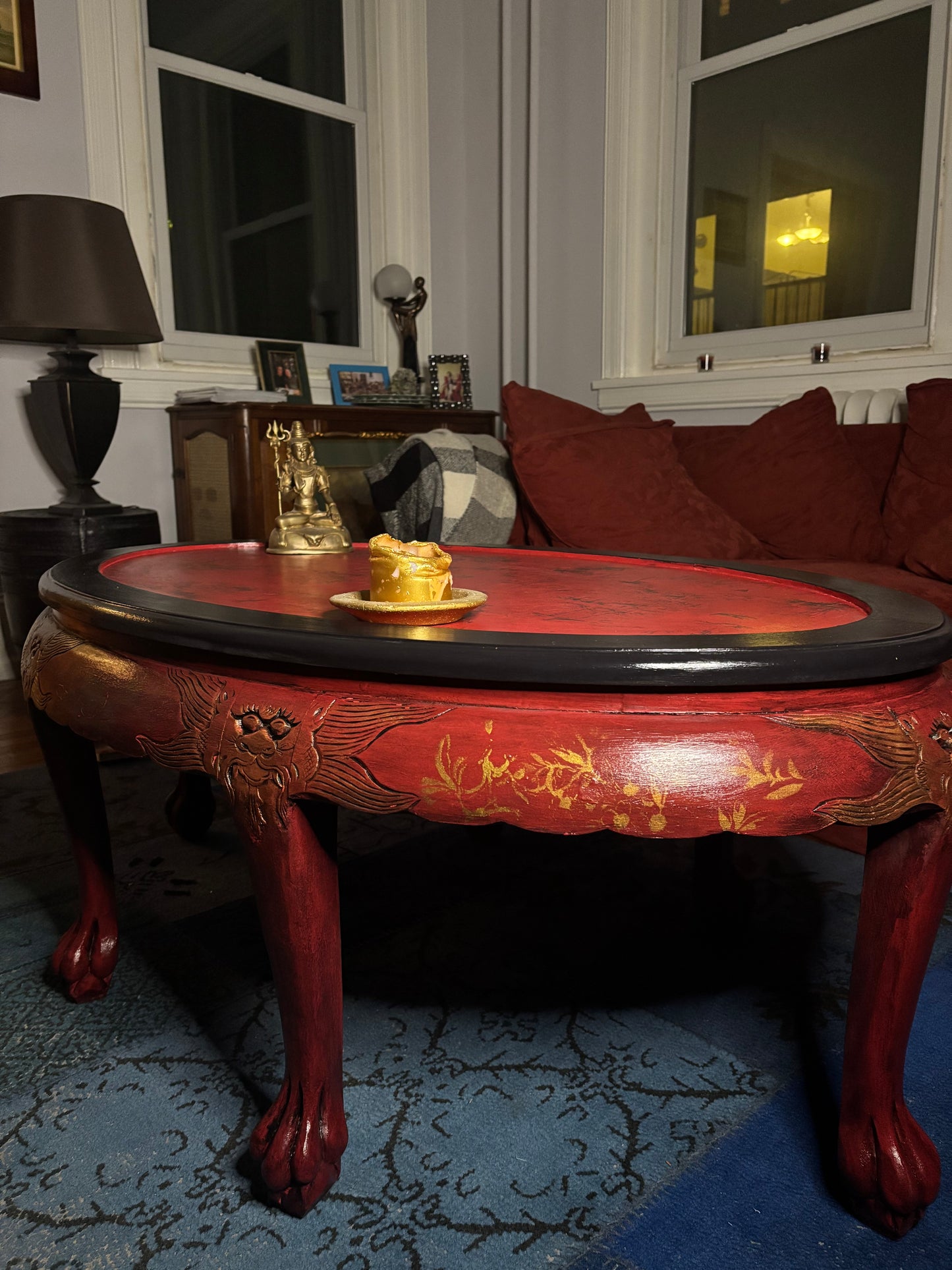 Oval Chinoiserie Style Table, Lacquer Red, Black Glaze and Gold, Silky Top