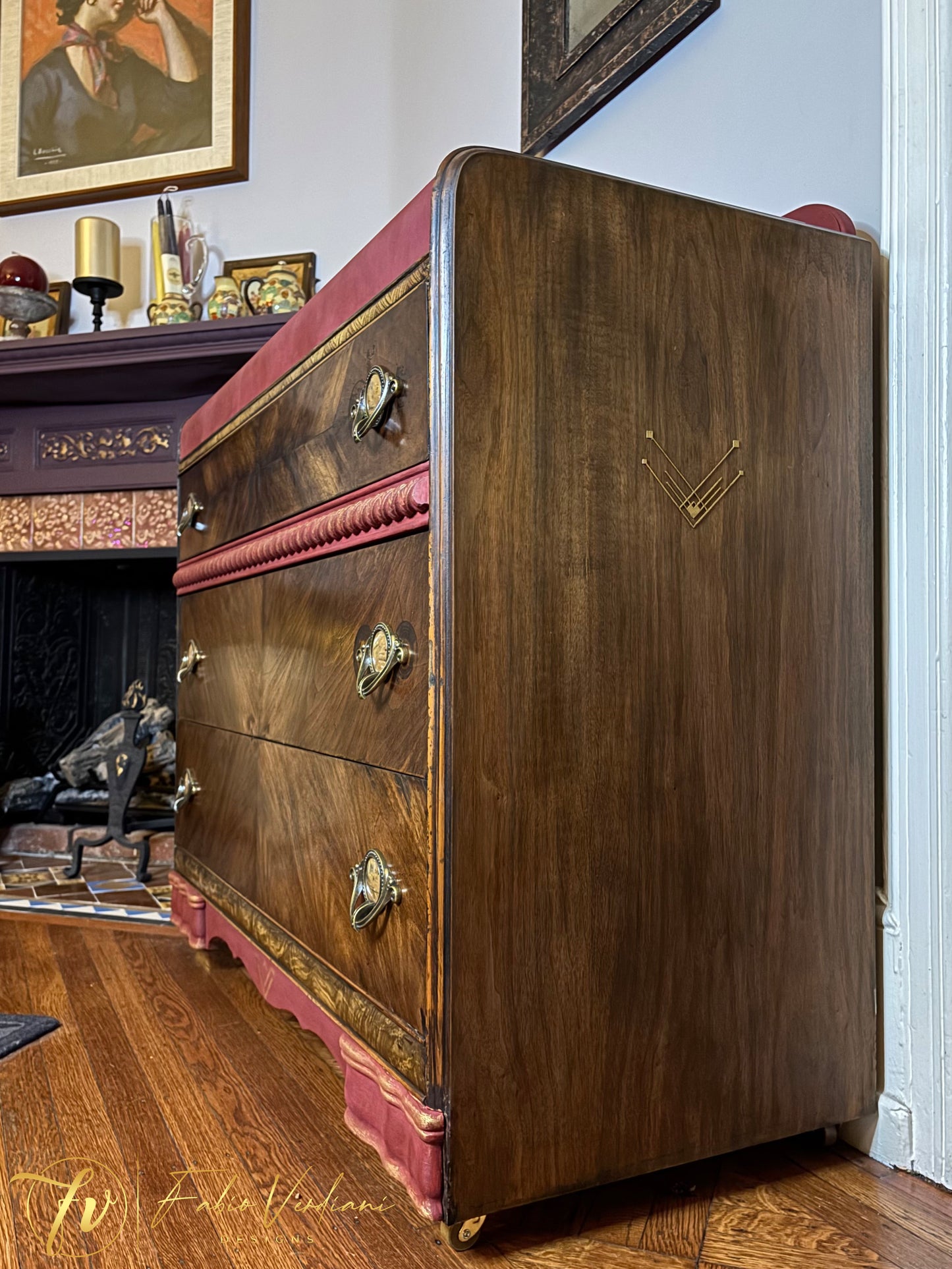 Art deco waterfall dresser - Burgundy top and bottom- Espresso veneer front and frame, gold accents