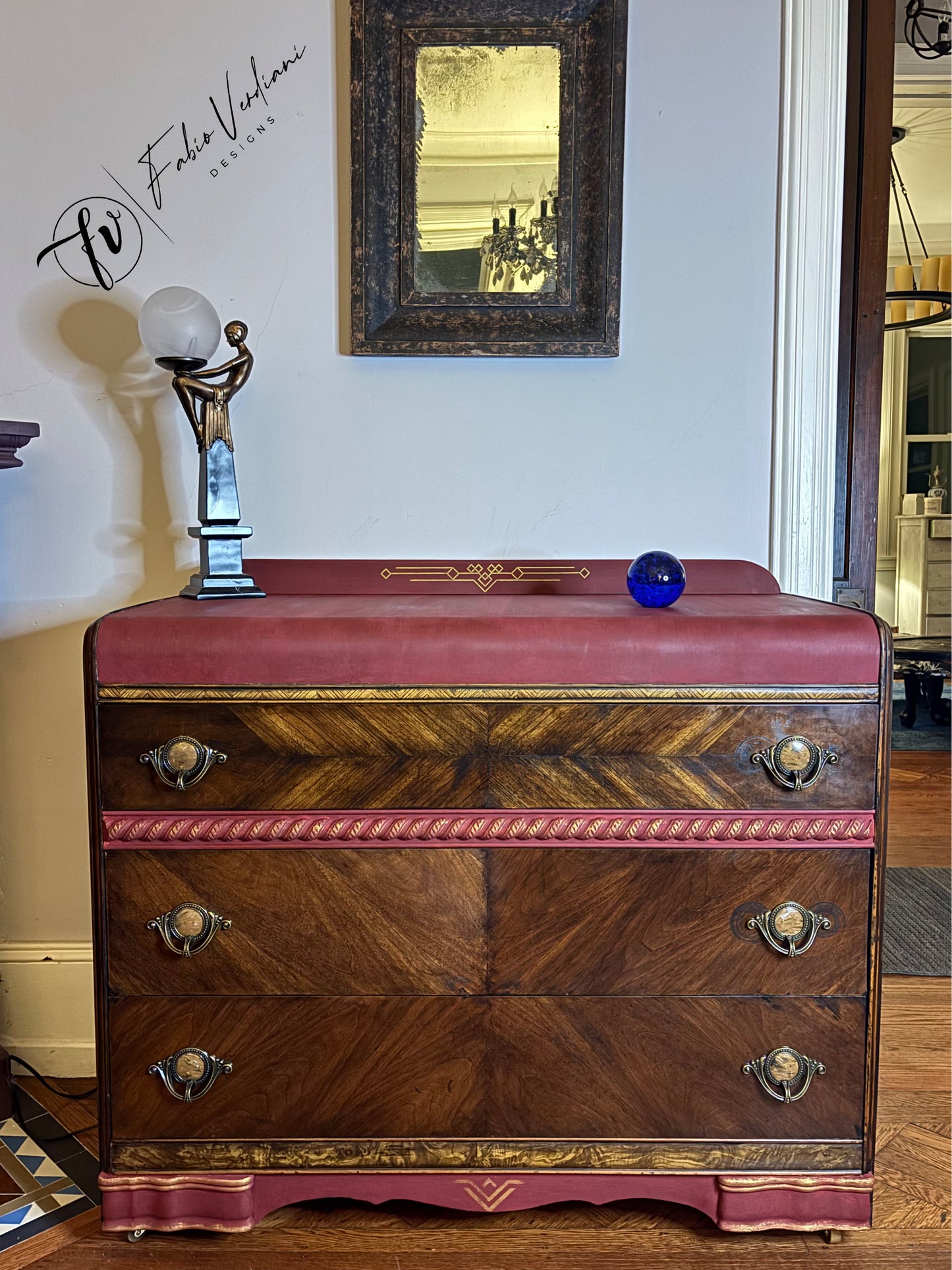 Art deco waterfall dresser - Burgundy top and bottom- Espresso veneer front and frame, gold accents