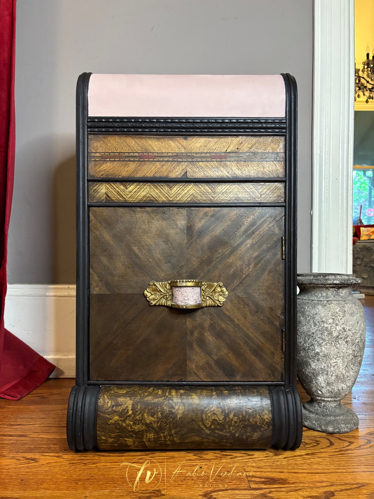 Art Deco Waterfall Nightstand - Pink , Black and Espresso
