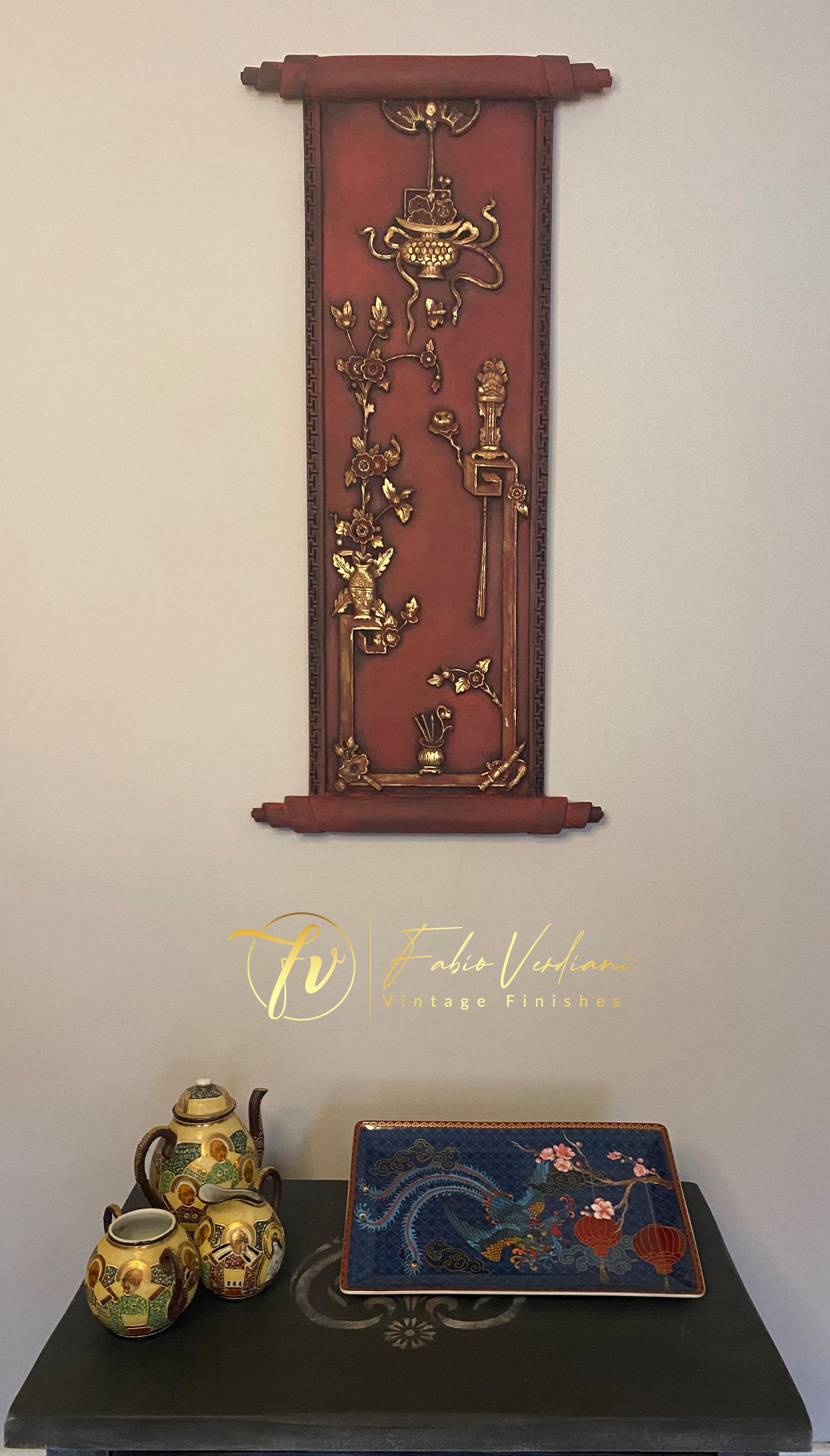 Chinese parchment style wood panel, Red chalk paint, Graphite wash, gold leaf, and old gold paint