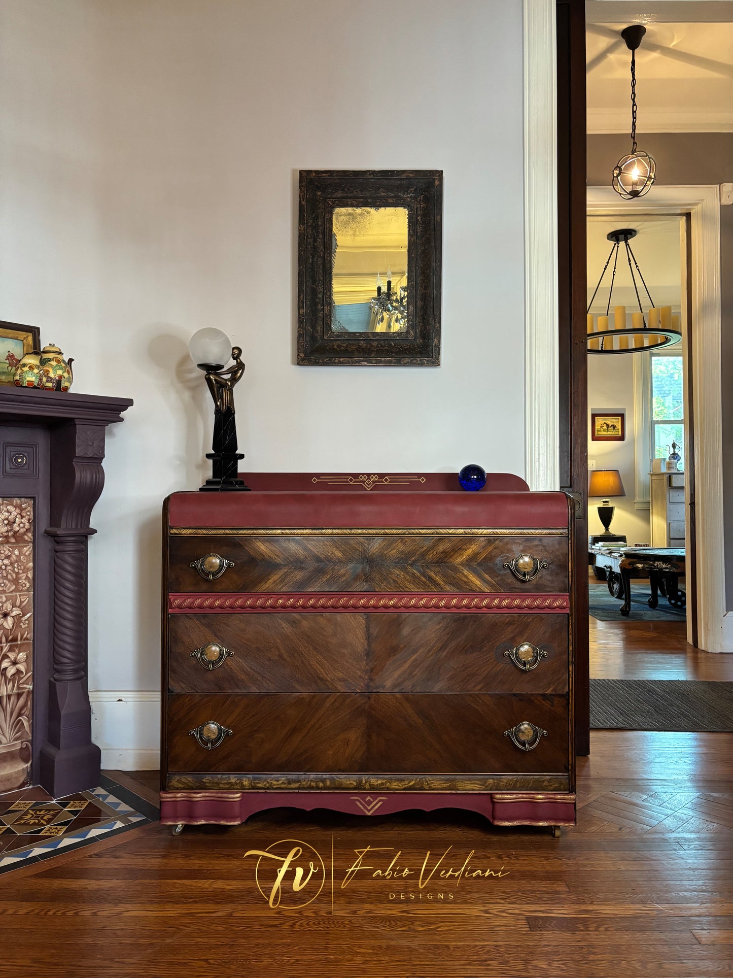 Art deco waterfall dresser - Burgundy top and bottom- Espresso veneer front and frame, gold accents