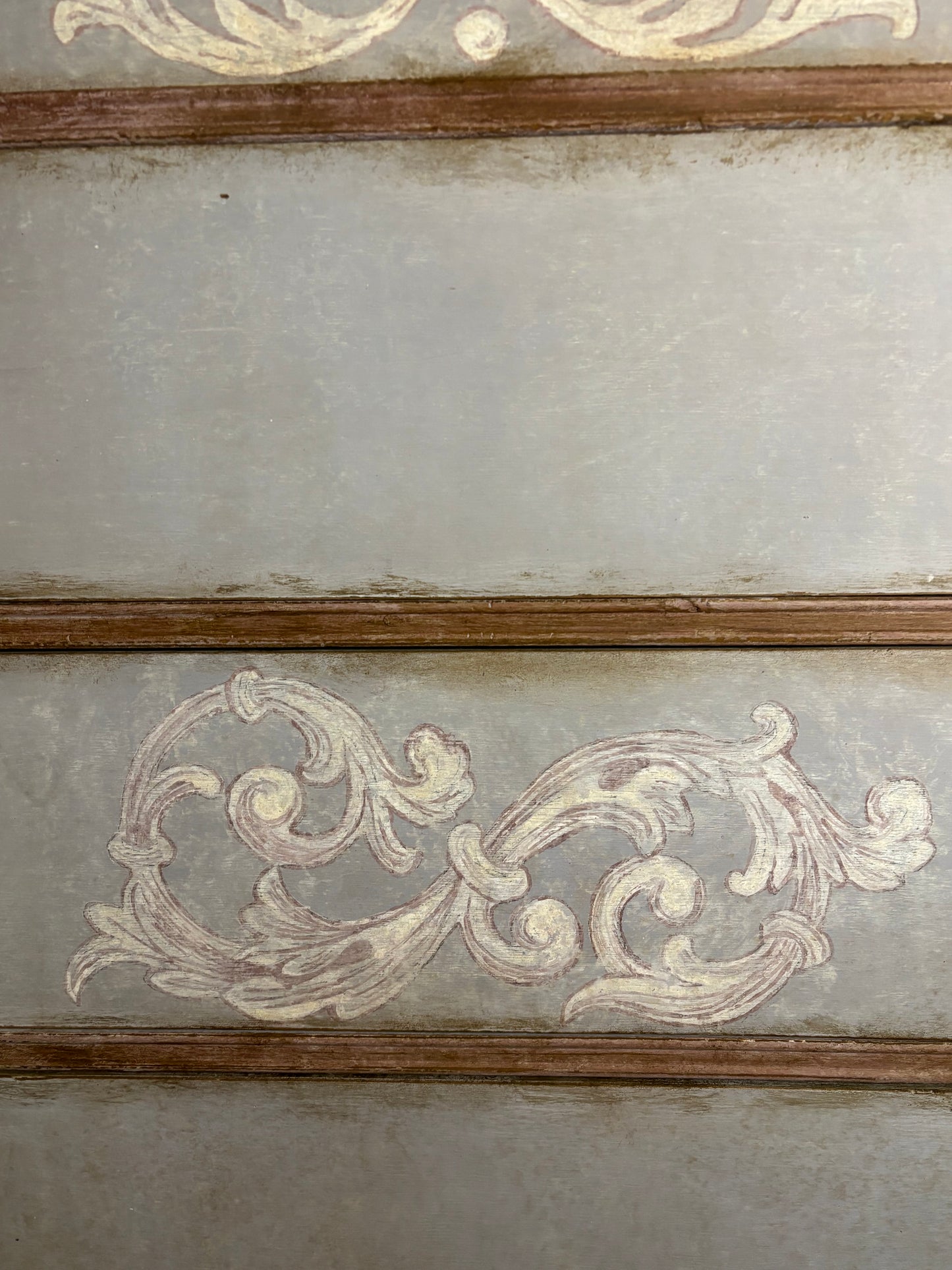 Tall boy,  six drawers, light blue, baroque flourish hand painted. Distressed graphite silky top