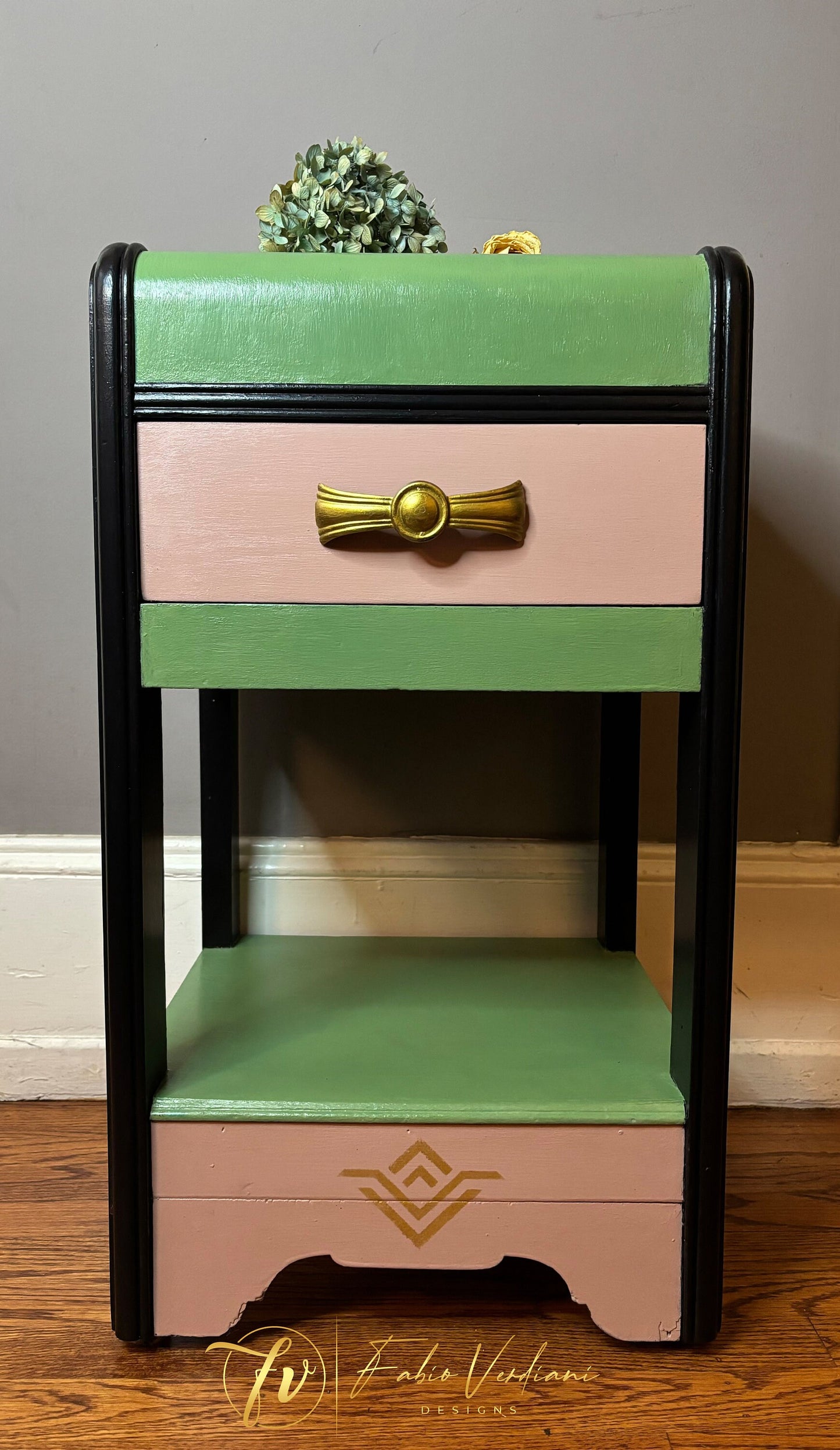 Art Deco Waterfall Nightstand - Green, Black and Pink Front