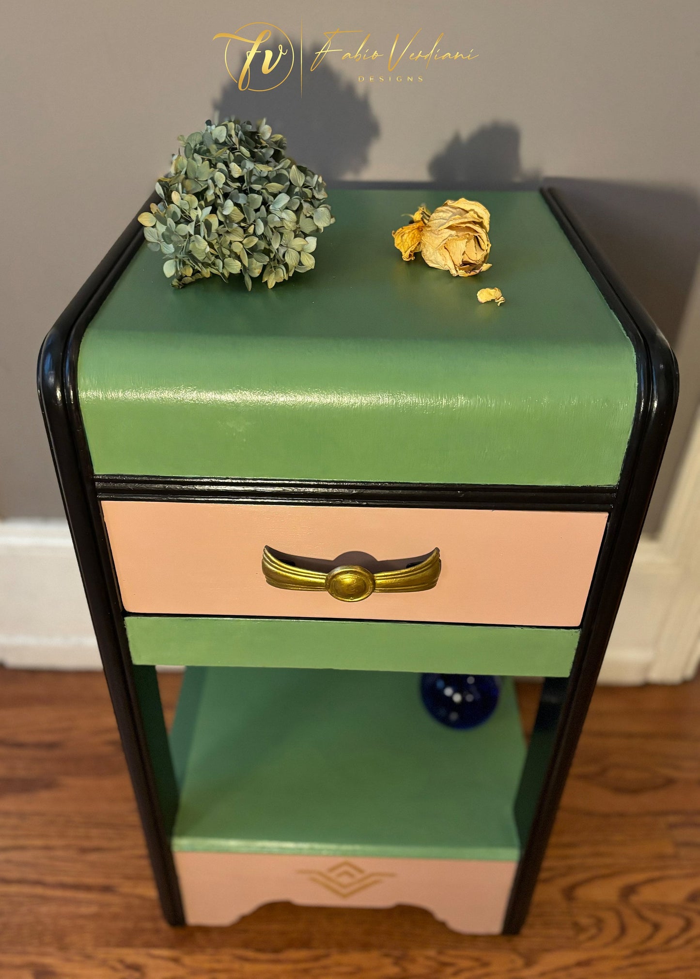 Art Deco Waterfall Nightstand - Green, Black and Pink - from above