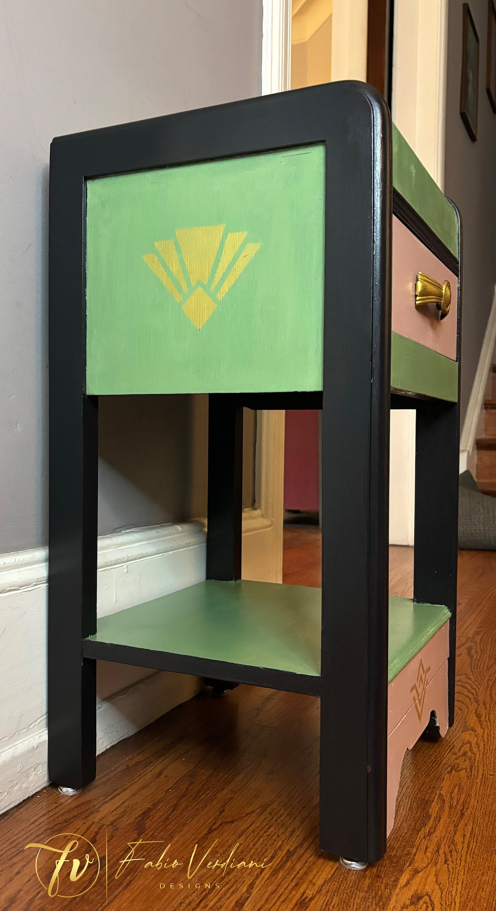 Art Deco Waterfall Nightstand - Green, Black and Pink left side
