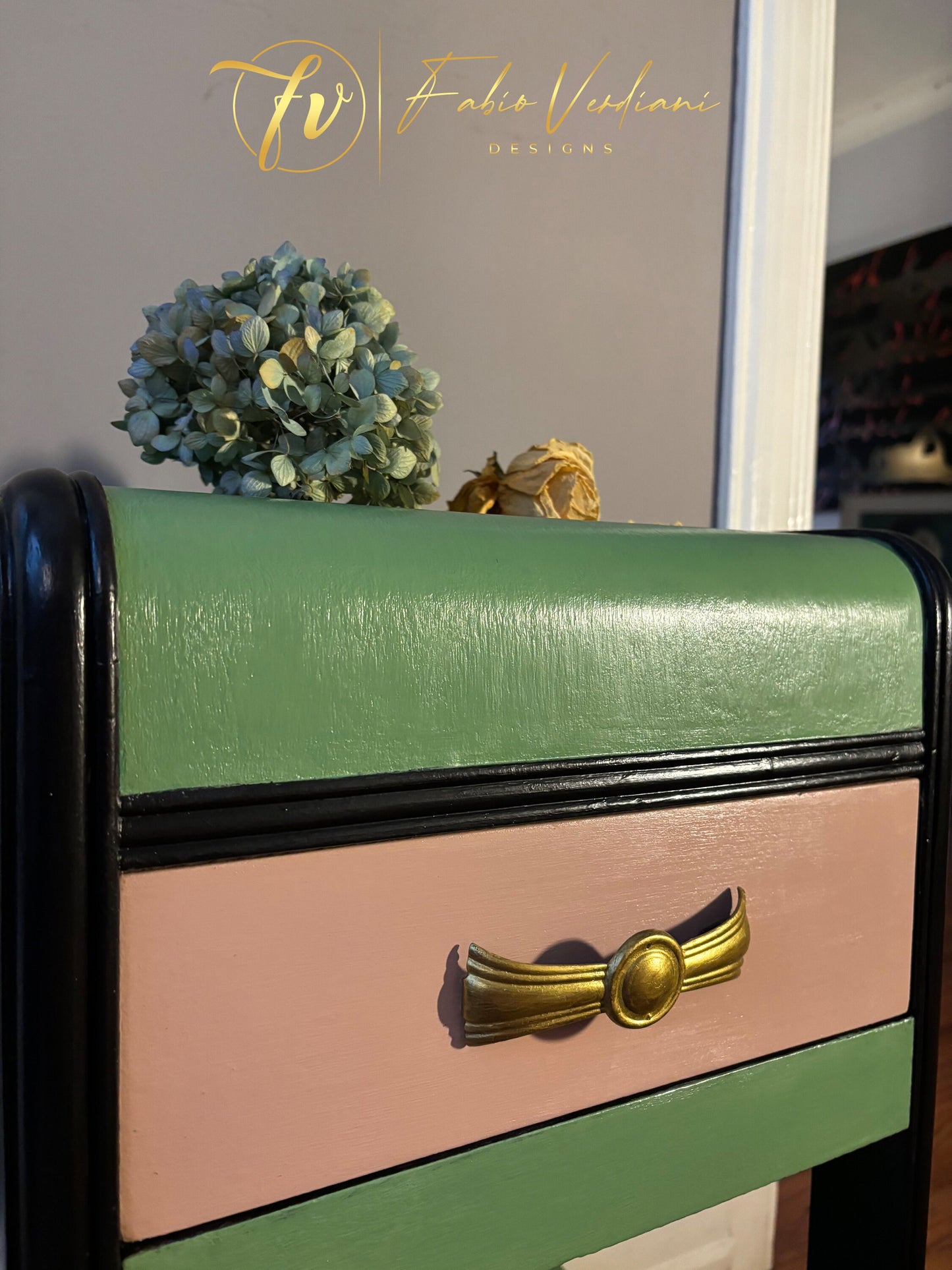 Art Deco Waterfall Nightstand - Green, Black and Pink close up from left