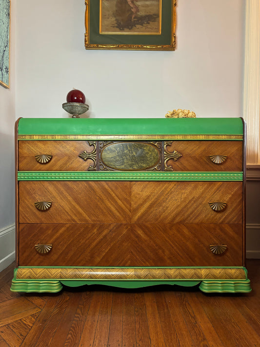Art deco waterfall dresser - Green Top and Frame and Brown Mahogany Veneer drawers and sides - front