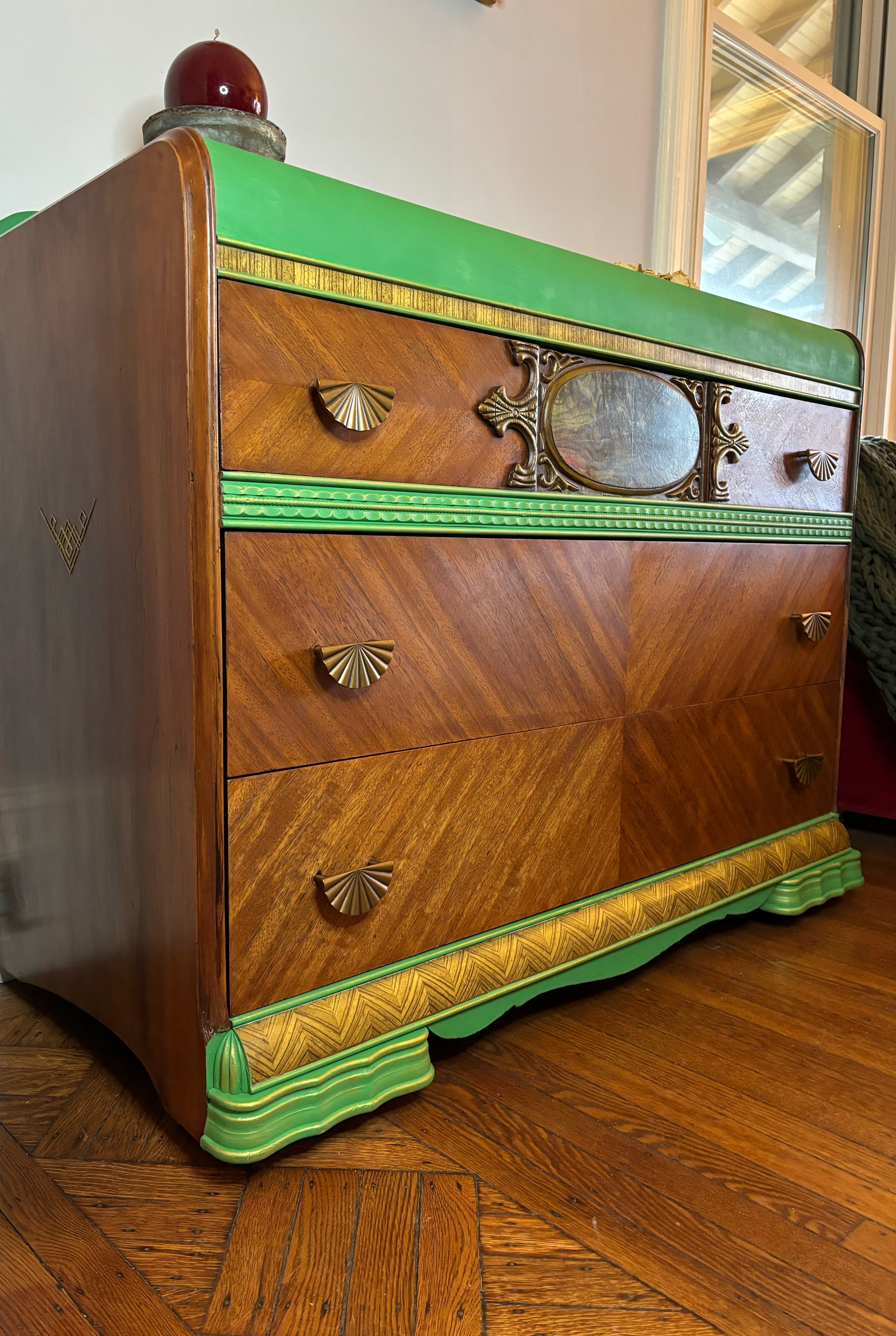 Art deco waterfall dresser - Green Top and Frame and Brown Mahogany Ve Fabio Verdiani Designs Art deco waterfall dresser - Green Top and Frame and Brown Mahogany Ve Fabio Verdiani Designs