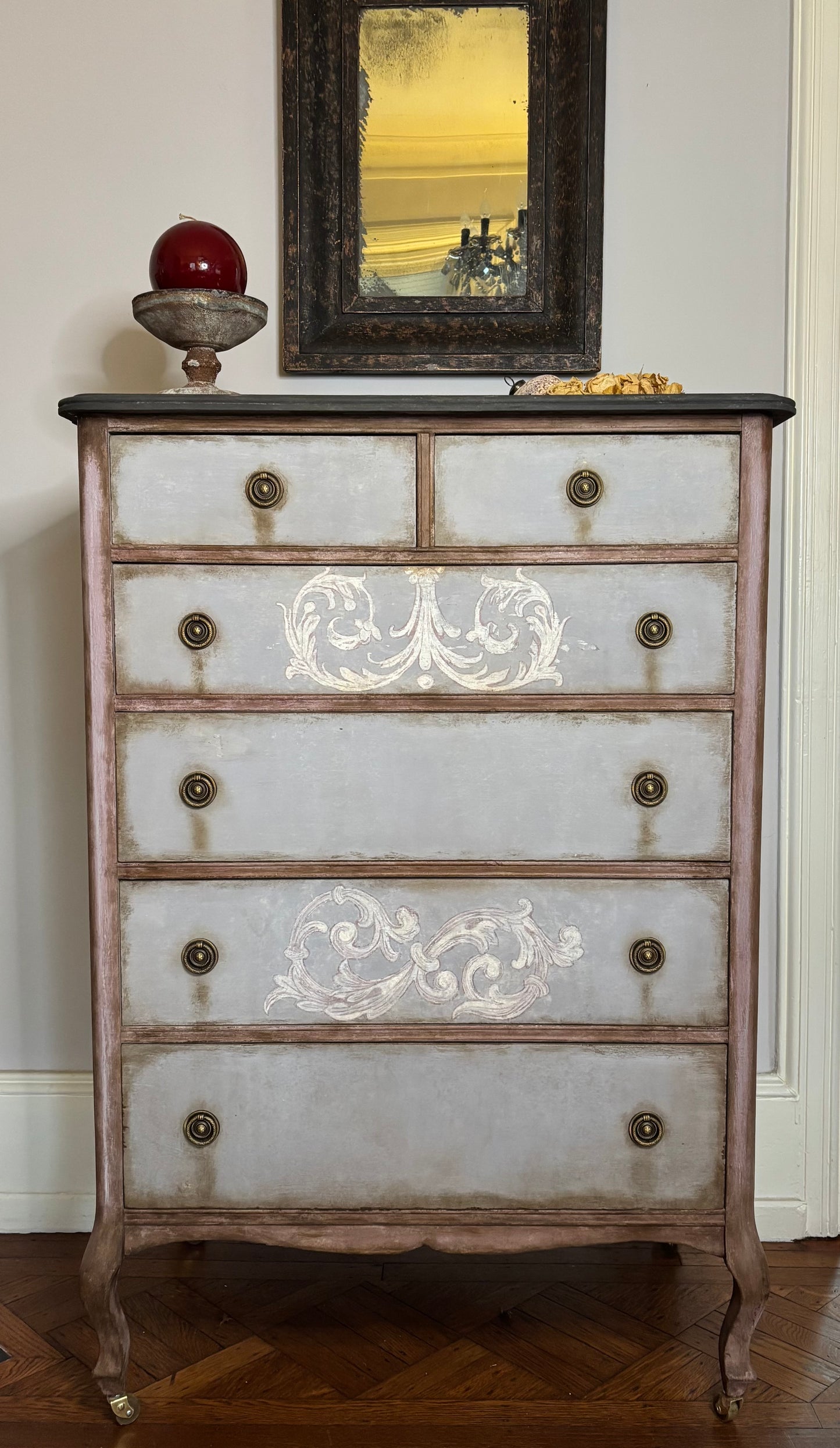 Tall boy,  six drawers, light blue, baroque flourish hand painted. Distressed graphite silky top