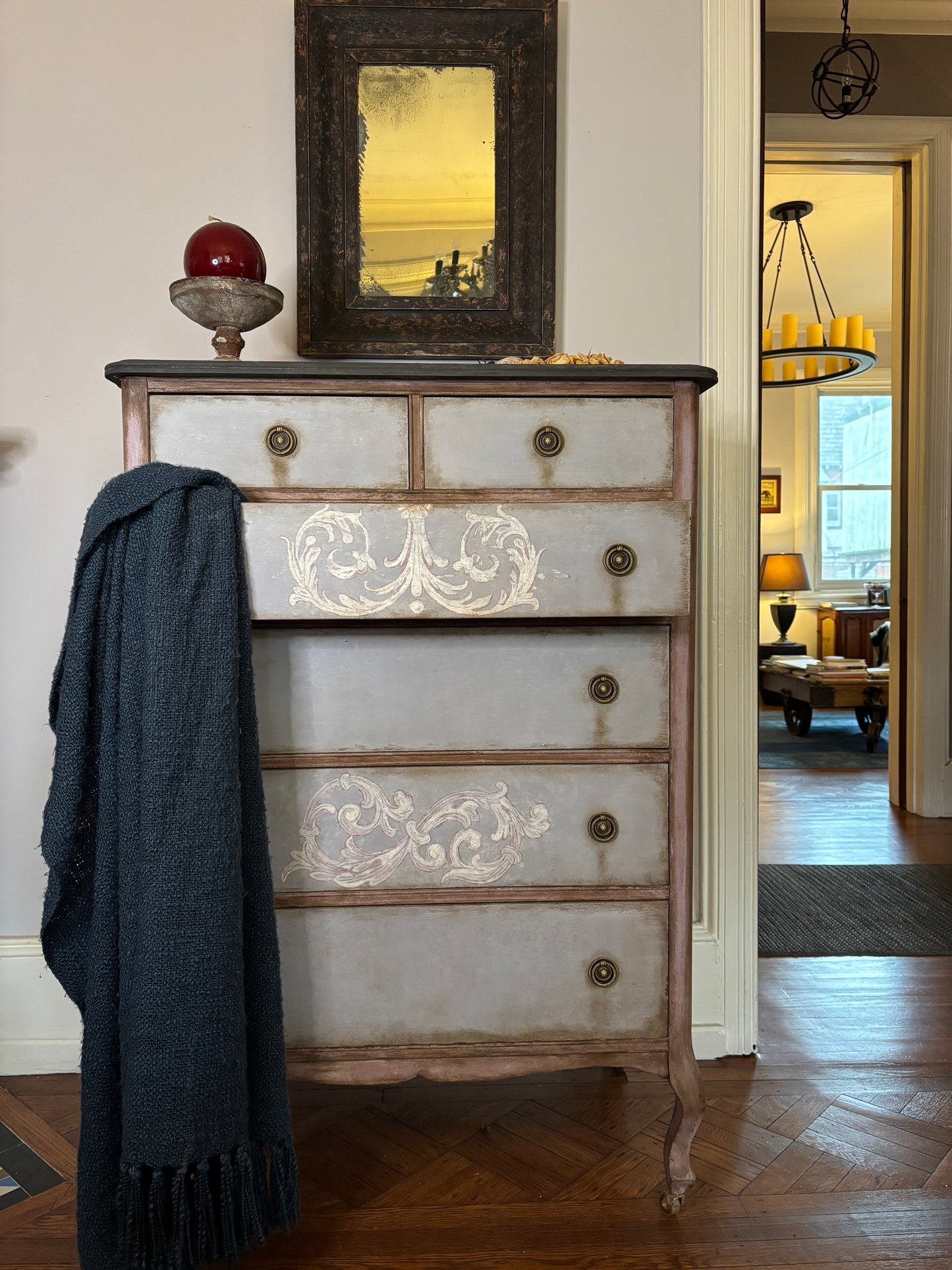 Tall boy,  six drawers, light blue, baroque flourish hand painted. Distressed graphite silky top