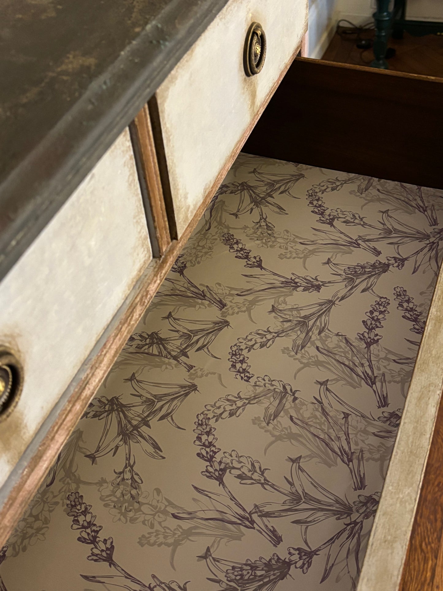 Tall boy,  six drawers, light blue, baroque flourish hand painted. Distressed graphite silky top