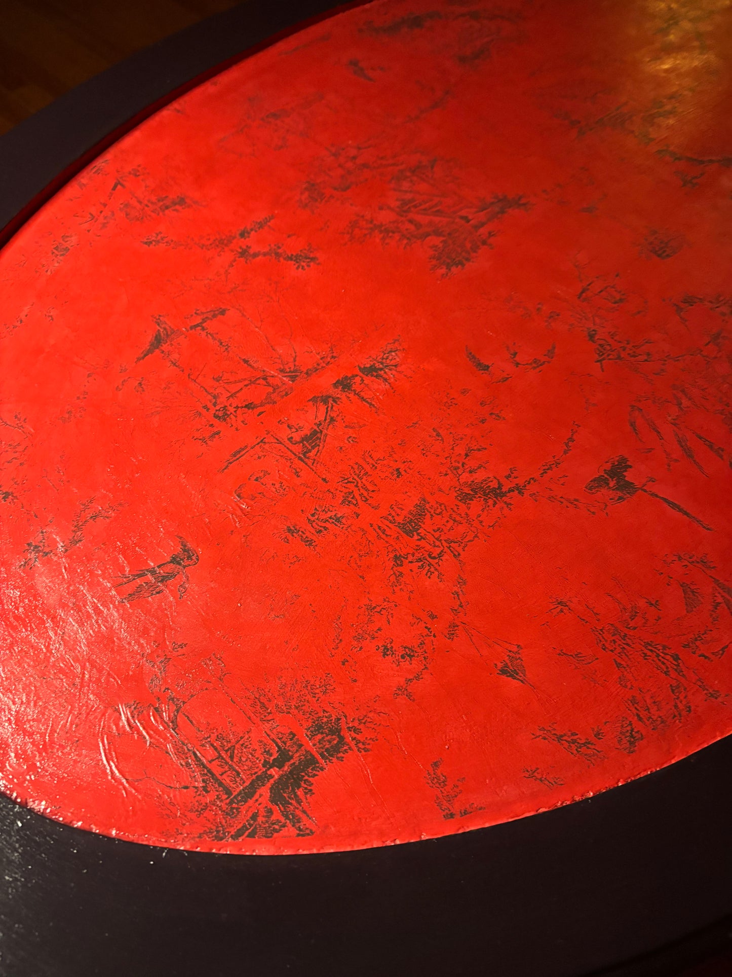Oval Chinoiserie Style Table, Lacquer Red, Black Glaze and Gold, Silky Top