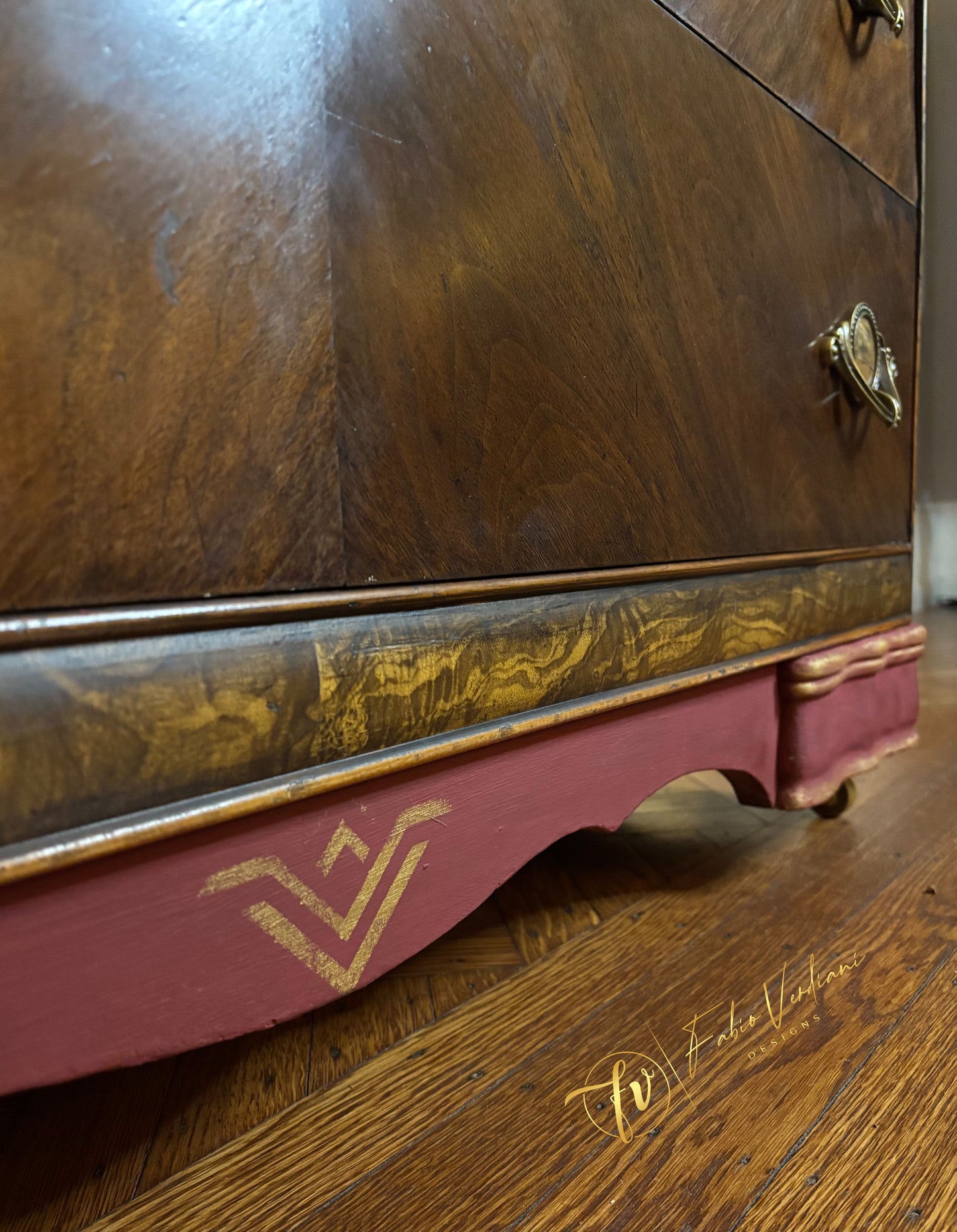Art deco waterfall dresser - Burgundy top and bottom- Espresso veneer front and frame, gold accents