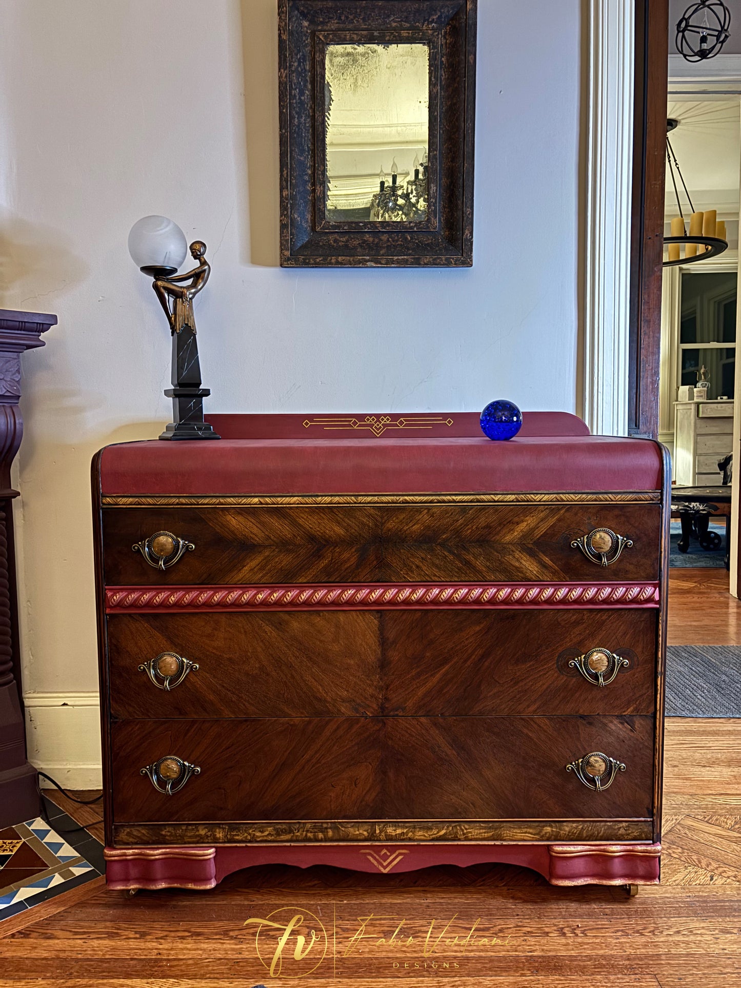Art deco waterfall dresser - Burgundy top and bottom- Espresso veneer front and frame, gold accents