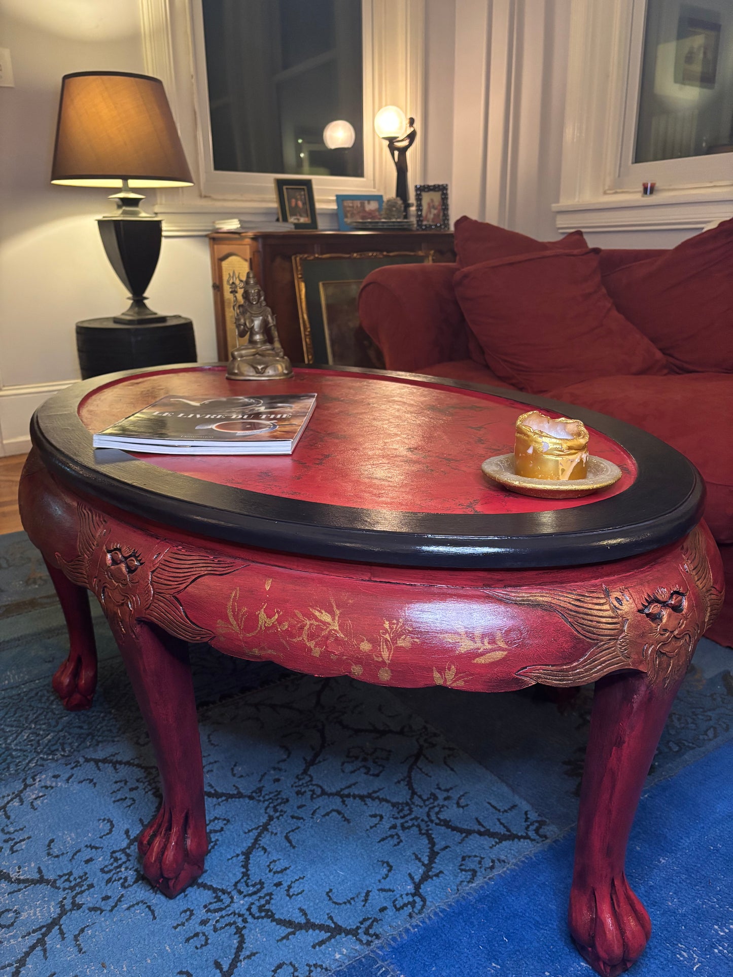 Oval Chinoiserie Style Table, Lacquer Red, Black Glaze and Gold, Silky Top