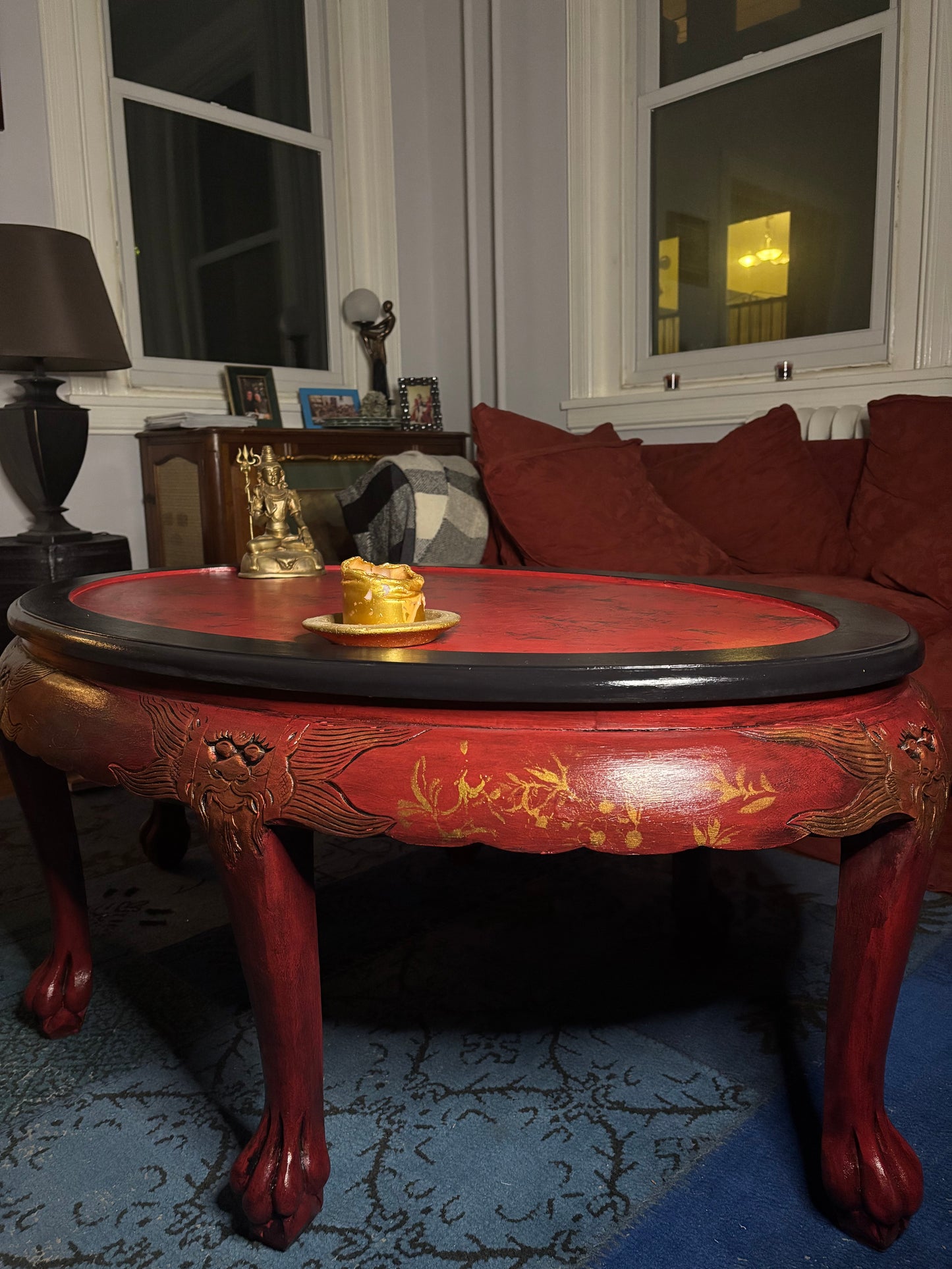 Oval Chinoiserie Style Table, Lacquer Red, Black Glaze and Gold, Silky Top