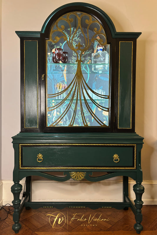 Art Nouveau Bar Cabinet - Black and Dark Green - two glass shelves - glass door with wood carvings