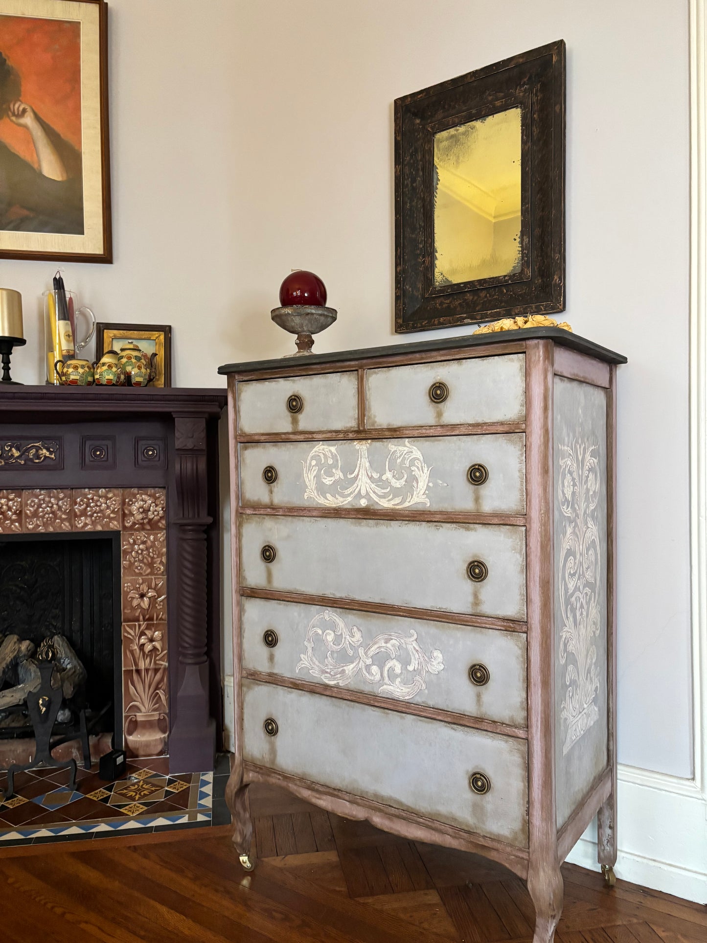 Tall boy,  six drawers, light blue, baroque flourish hand painted. Distressed graphite silky top