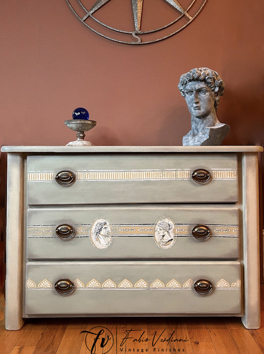 Solid pine chest of drawers in Annie Sloan Coolabah Green, Country Gray and French Linen Chalk Paint®,“Classical Cameos” IOD/AS inlay