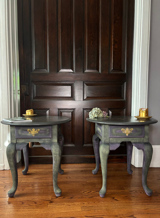 Vintage oval end tables/ nightstands in Annie Sloan Graphite, Olive and Rodmell  with rose gold hardware and stencils