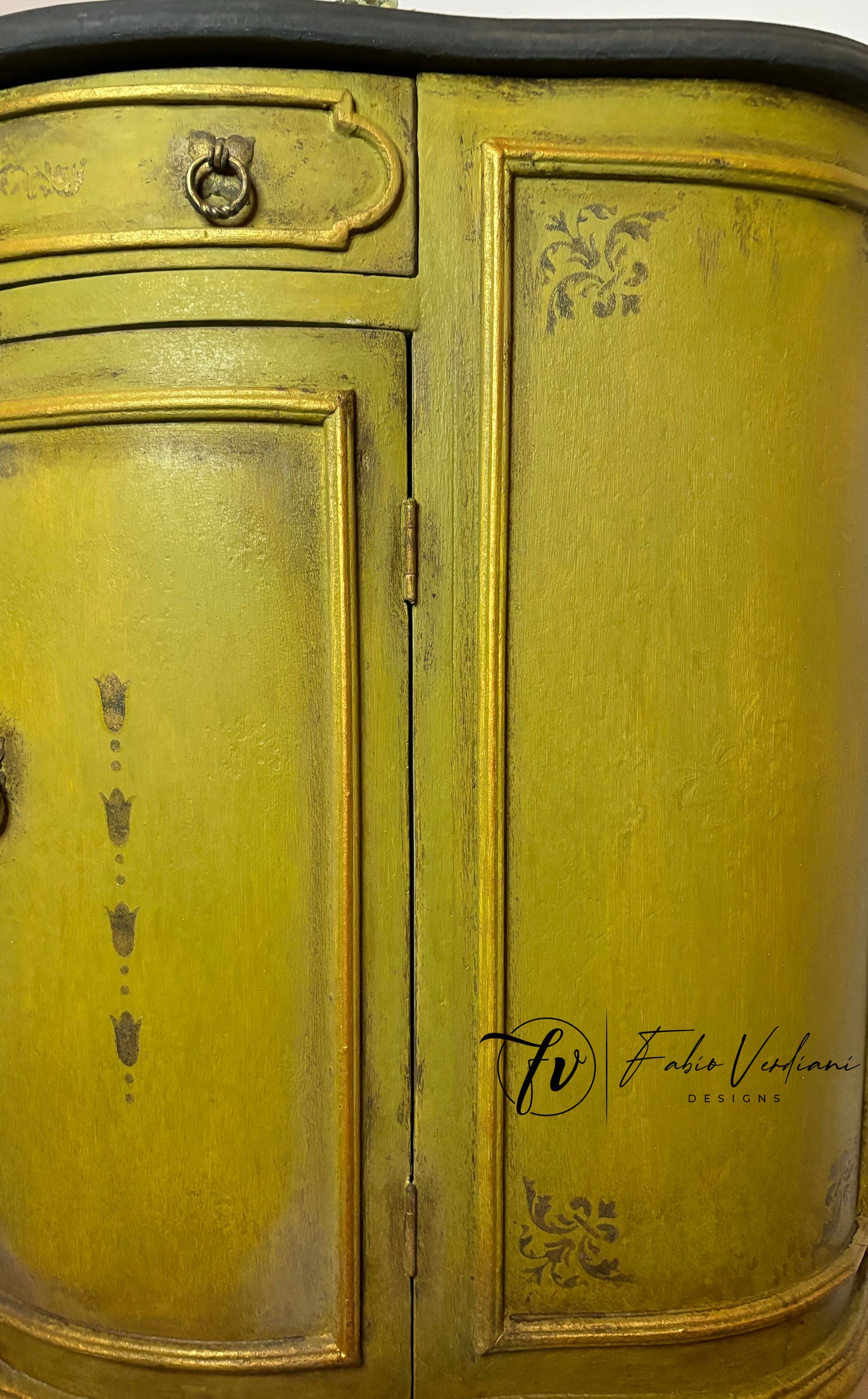 Small Round Italian Credenza - Olive Oil Green Body, Graphite Top, Stenciled Details,  Gold Trims – Tempera Technique