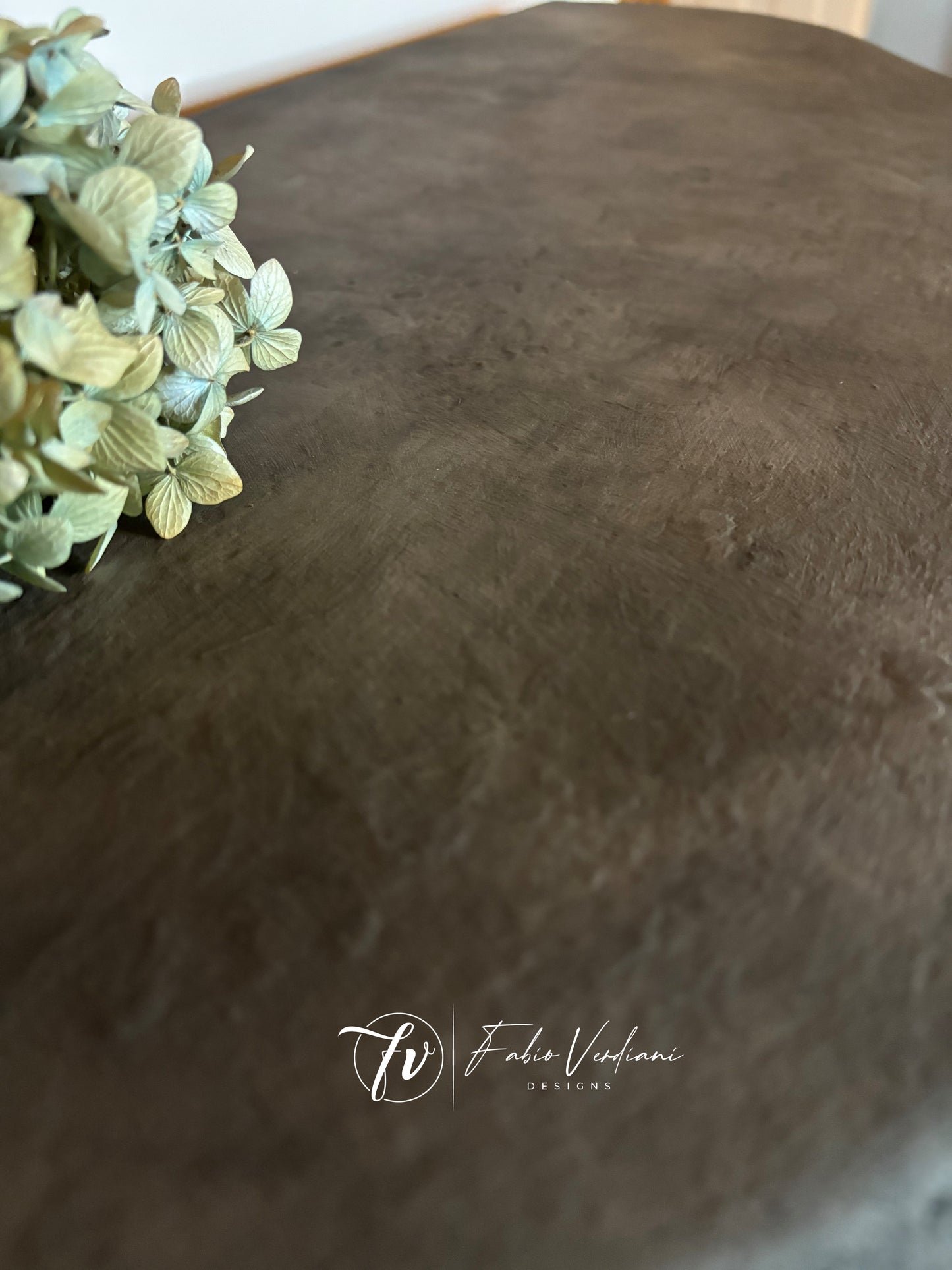 Small Round Italian Credenza - Olive Oil Green Body, Graphite Top, Stenciled Details,  Gold Trims – Tempera Technique