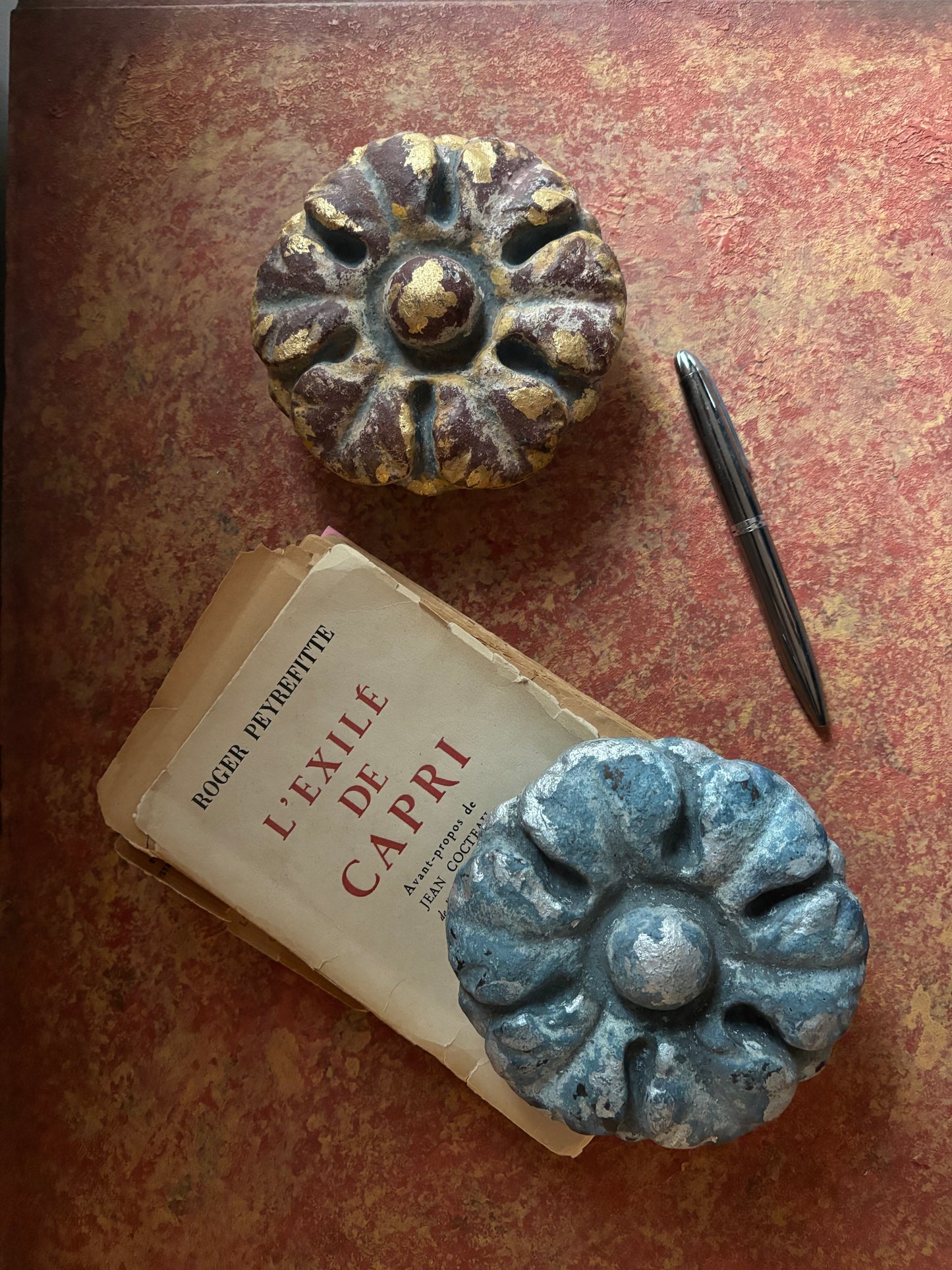 Wood Paper Weights – Set of 2, Distressed Blue/Silver and Red/Gold Milk Paint