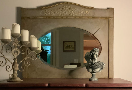 Gustavian Grey oval mirror in Patina Toscana with golden decorative molding- NOT FOR SALE HERE