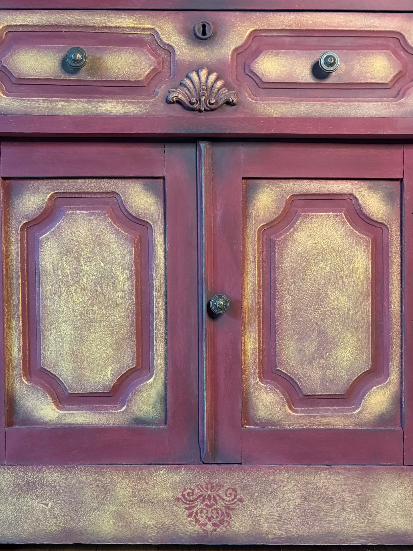 Small vintage cabinet in  Burgundy Chalk Paint, dry brushing in Yellow and some shades of Graphite.